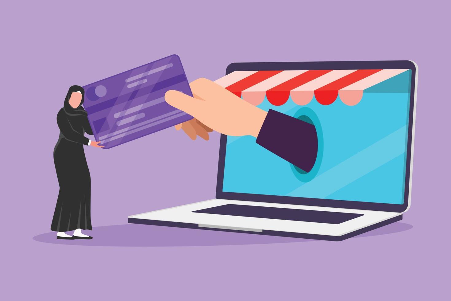 Character flat drawing beautiful Arabian woman inserting credit card into large canopy laptop screen and accepted by hand. Digital payment and online store concept. Cartoon design vector illustration