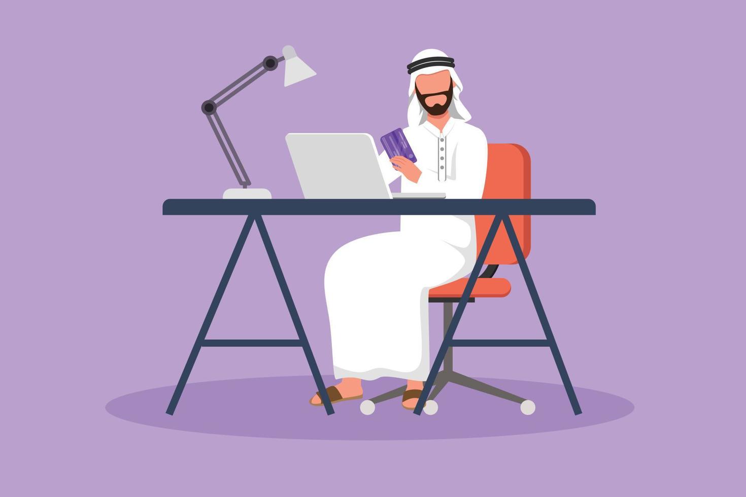 Character flat drawing young Arab man sitting on chair and typing entering credit card code on laptop around desk. Digital payment, online store technology concept. Cartoon design vector illustration
