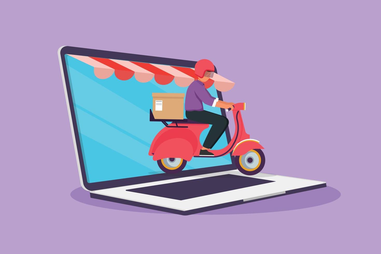 Cartoon flat style drawing young male courier riding scooter carrying package box out of big laptop screen with canopy. Online delivery service technology metaphor. Graphic design vector illustration