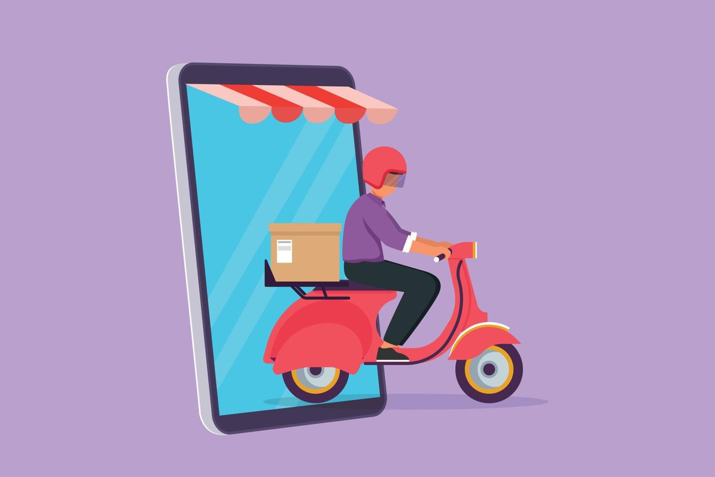 Character flat drawing male courier riding scooter carrying package box out of giant smartphone screen with canopy. Online delivery service transportation concept. Cartoon design vector illustration