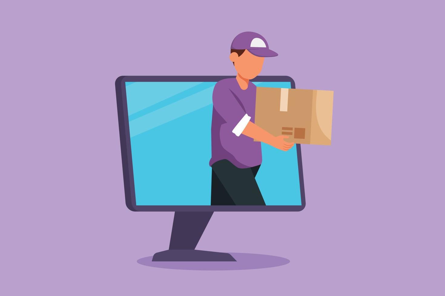 Graphic flat design drawing male courier delivers box package and through monitor computer screen. Online delivery service technology. Fast delivery parcel concept. Cartoon style vector illustration