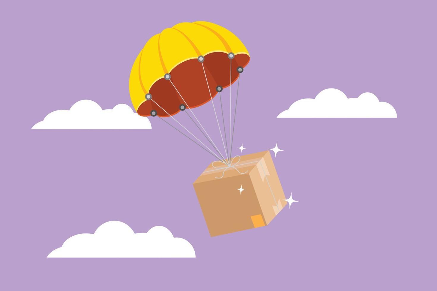 Character flat drawing box package fly through the sky using parachute. Online delivery service. Fast delivery parcel concept. Online store shipping transportation. Cartoon design vector illustration