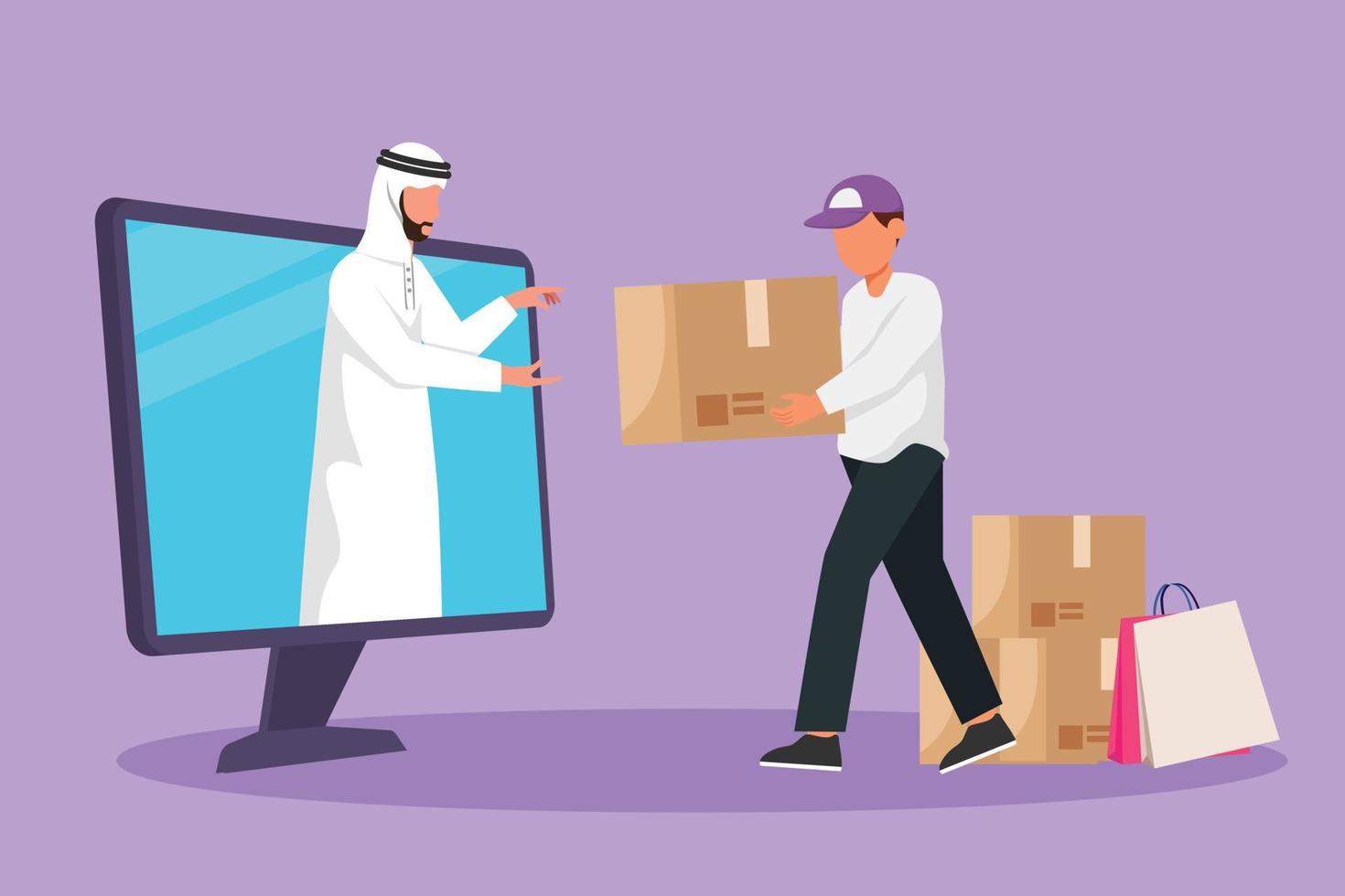 Cartoon flat style drawing Arab man customer receives boxed package, through computer monitor screen from male courier. Online delivery service. Online store tech. Graphic design vector illustration