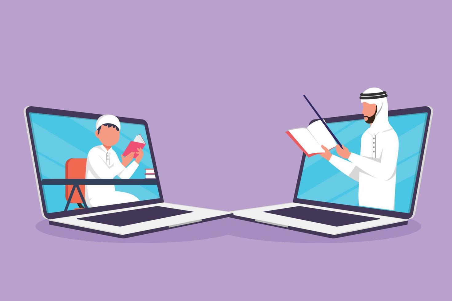 Graphic flat design drawing two laptop are standing in front of each other, one side contains male student studying and the other contains Arab male teacher teaching. Cartoon style vector illustration