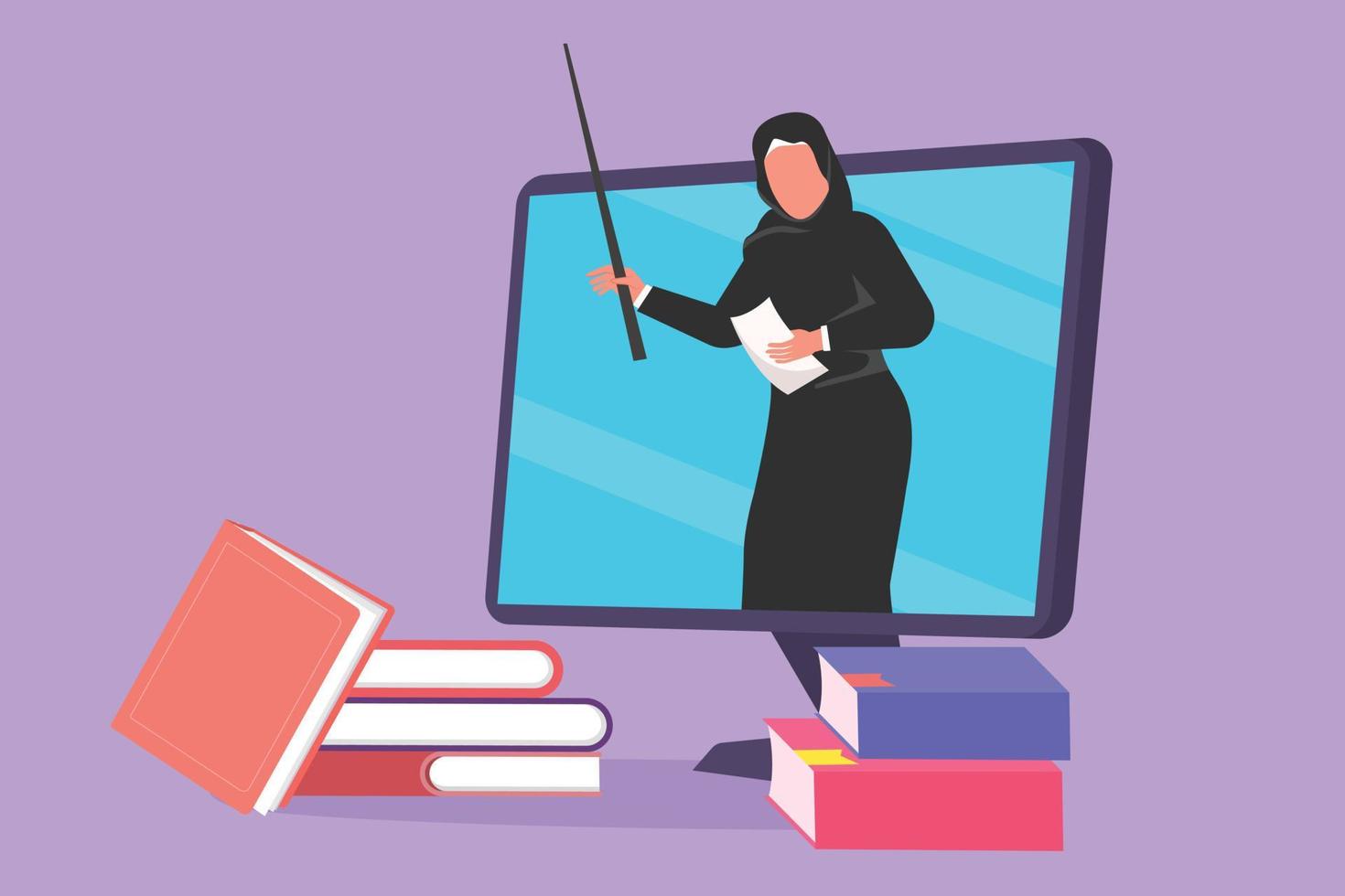 Character flat drawing Arab female teacher teaching, half of her body is out of computer monitor screen with pile of book. internet class. Online learning concept. Cartoon design vector illustration