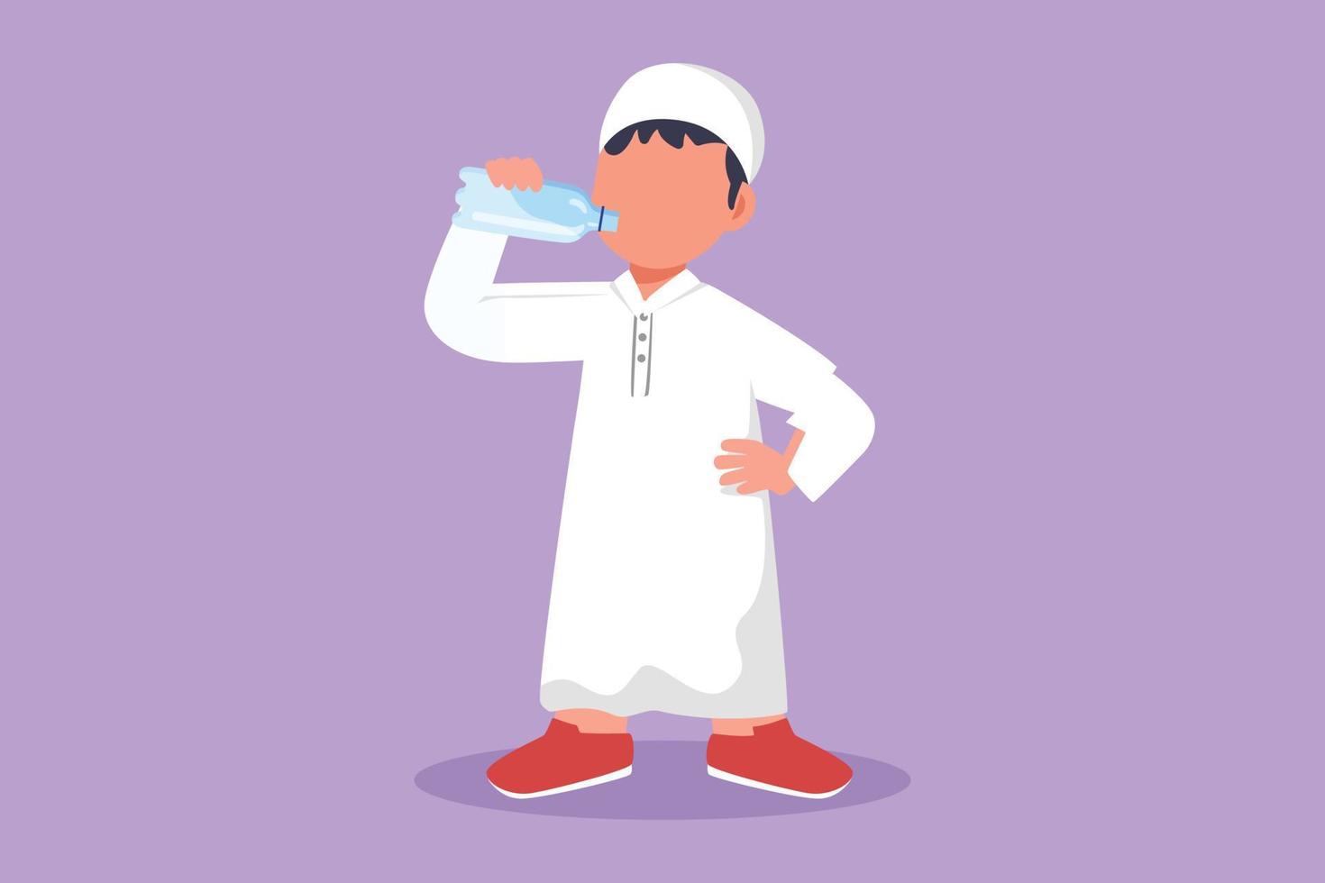 dibujos animados de estilo plano dibujando a un niño árabe de pie mientras sostiene y disfruta de una botella de leche fresca para cumplir con su nutrición corporal. niño o niño salud y crecimiento. ilustración vectorial de diseño gráfico vector