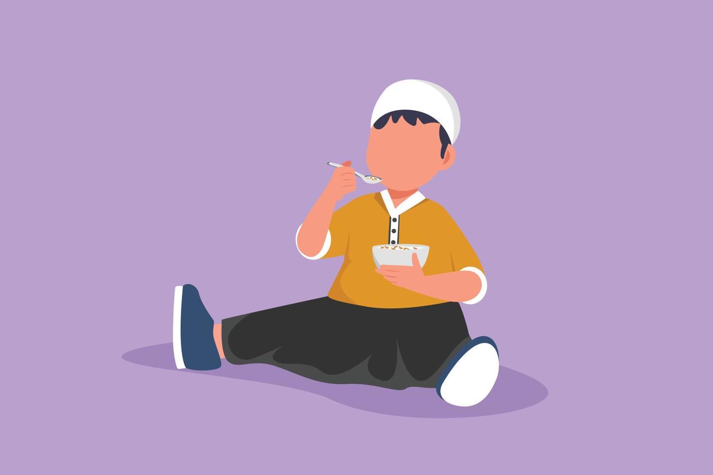 Cartoon flat style drawing little boy having cereal for breakfast. Happy Arabian kid eating cereal flakes sitting on floor. Children day schedule or daily routine. Graphic design vector illustration