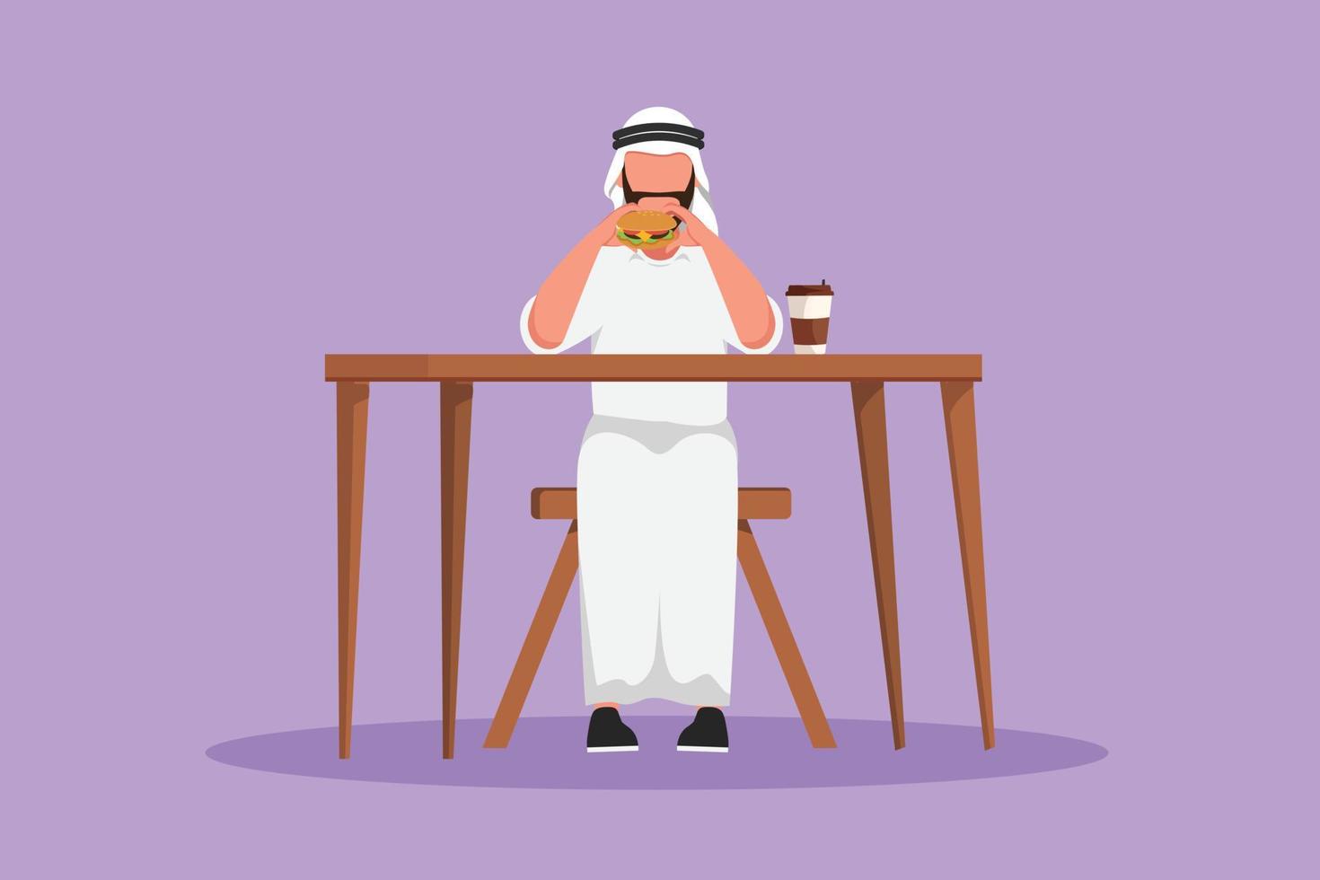 Graphic flat design drawing Arabian man holding and eating hamburger fast food in restaurant. Male having lunch with burger and coffee in paper cup. Unhealthy diet. Cartoon style vector illustration