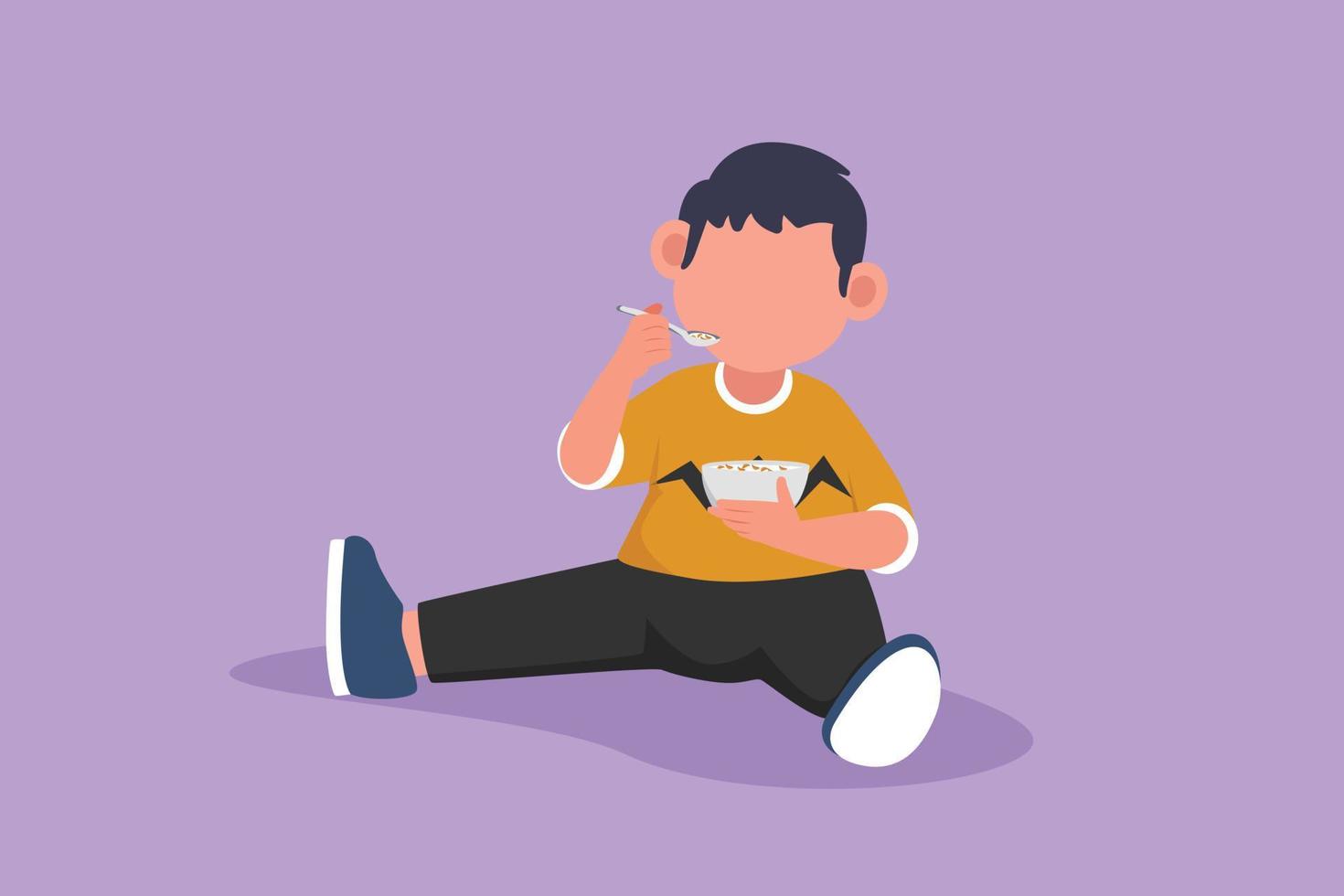 Character flat drawing little boy having cereal for breakfast. Happy kid eating cereal flakes sitting on floor. Activity of children day schedule or daily routine. Cartoon design vector illustration