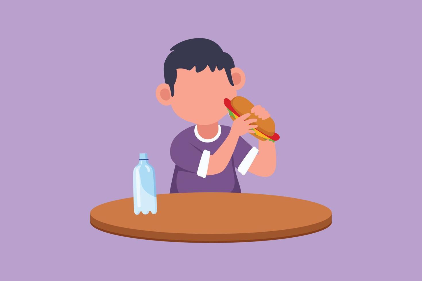 dibujo de diseño plano gráfico adorable niño pequeño sentado en la mesa y comiendo un sándwich de perrito caliente. sabroso concepto de comida rápida callejera. refrigerio poco saludable para niños en edad preescolar. ilustración vectorial de estilo de dibujos animados vector