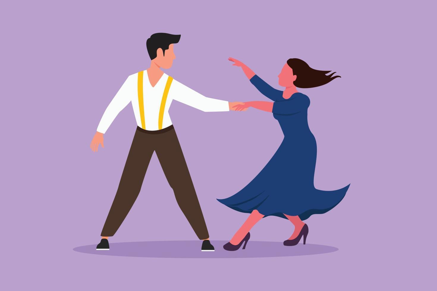 Cartoon flat style drawing of romantic man and woman performing dance at school, studio, party. Male and female characters dancing tango at Milonga. Couple dancing. Graphic design vector illustration