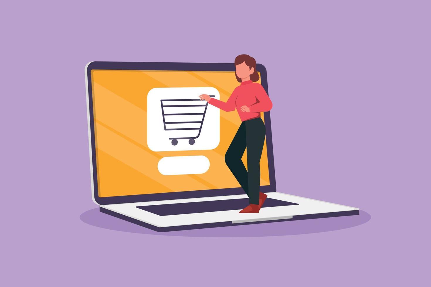 Graphic flat design drawing young female standing and buying online via giant laptop screen with shopping cart inside. Digital store technology, consumerism concept. Cartoon style vector illustration
