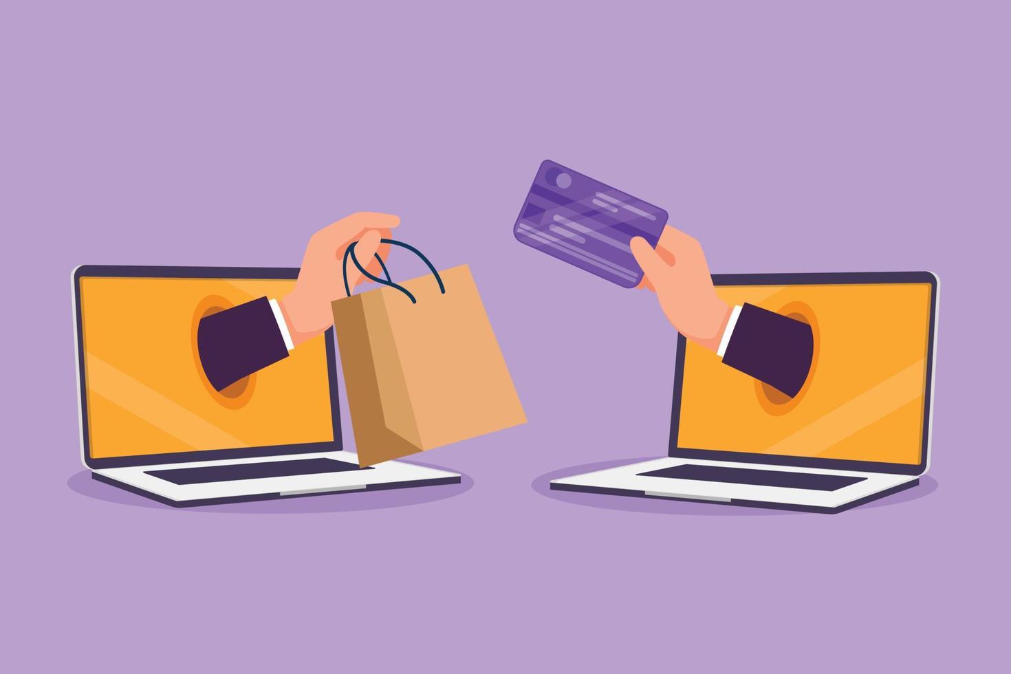 Character flat drawing two hands out of laptop screen to exchange shopping bag with credit card. Sale, digital payment technology. Online store and trading concept. Cartoon design vector illustration