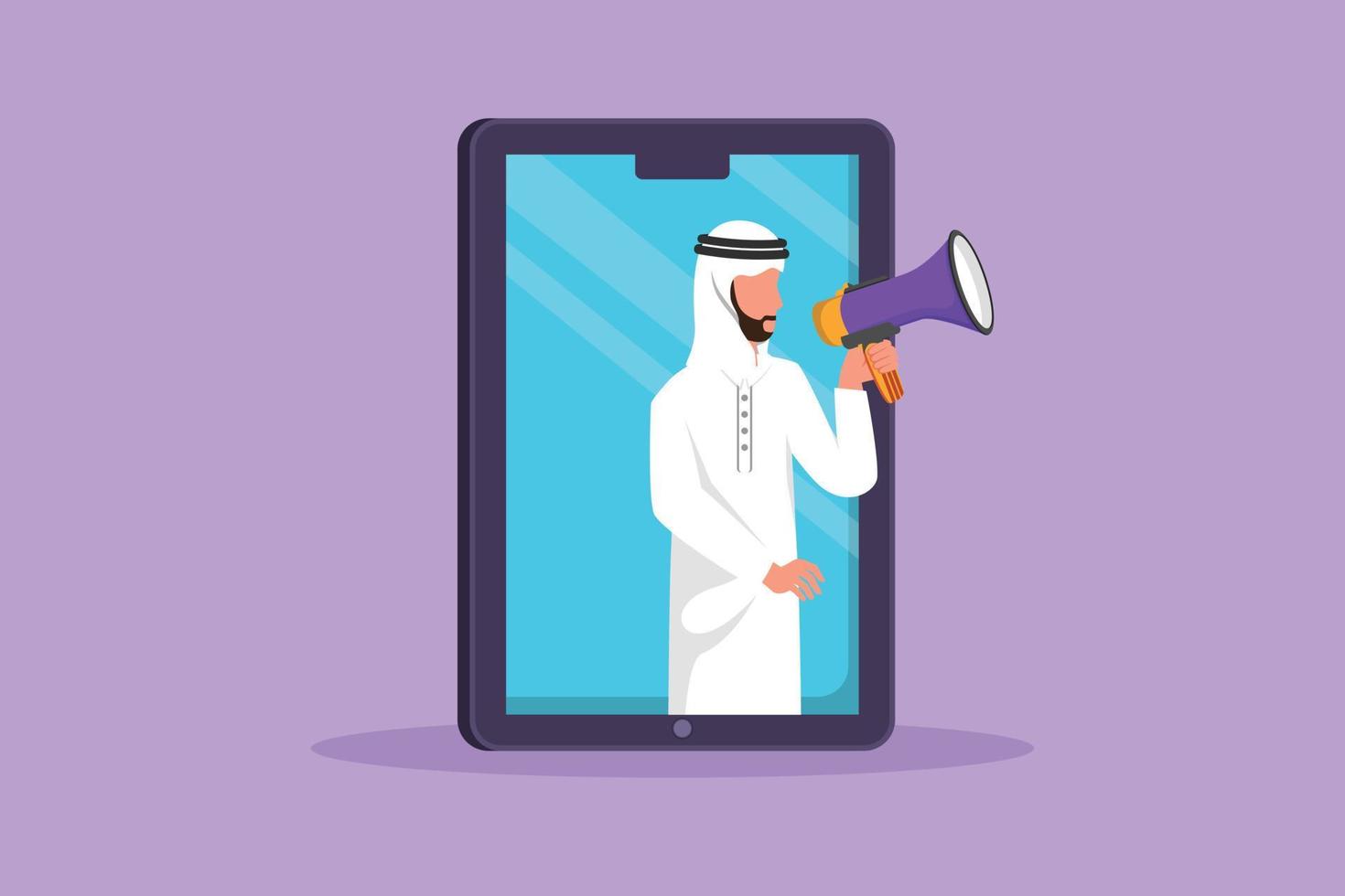 Character flat drawing young Arab man coming out of smartphone screen holding megaphone. Offering product with discount or sale. Digital marketing and online store. Cartoon design vector illustration