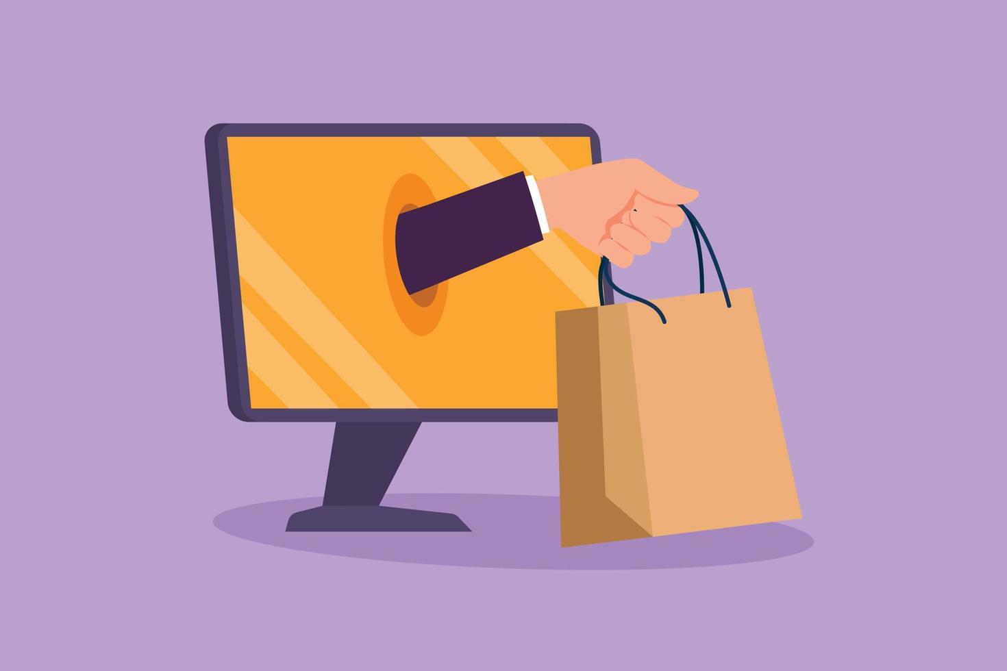 Cartoon flat style drawing hand out of monitor screen holding shopping bag. Sale, digital lifestyle with internet and gadget concept. Online store technology. Graphic draw design vector illustration