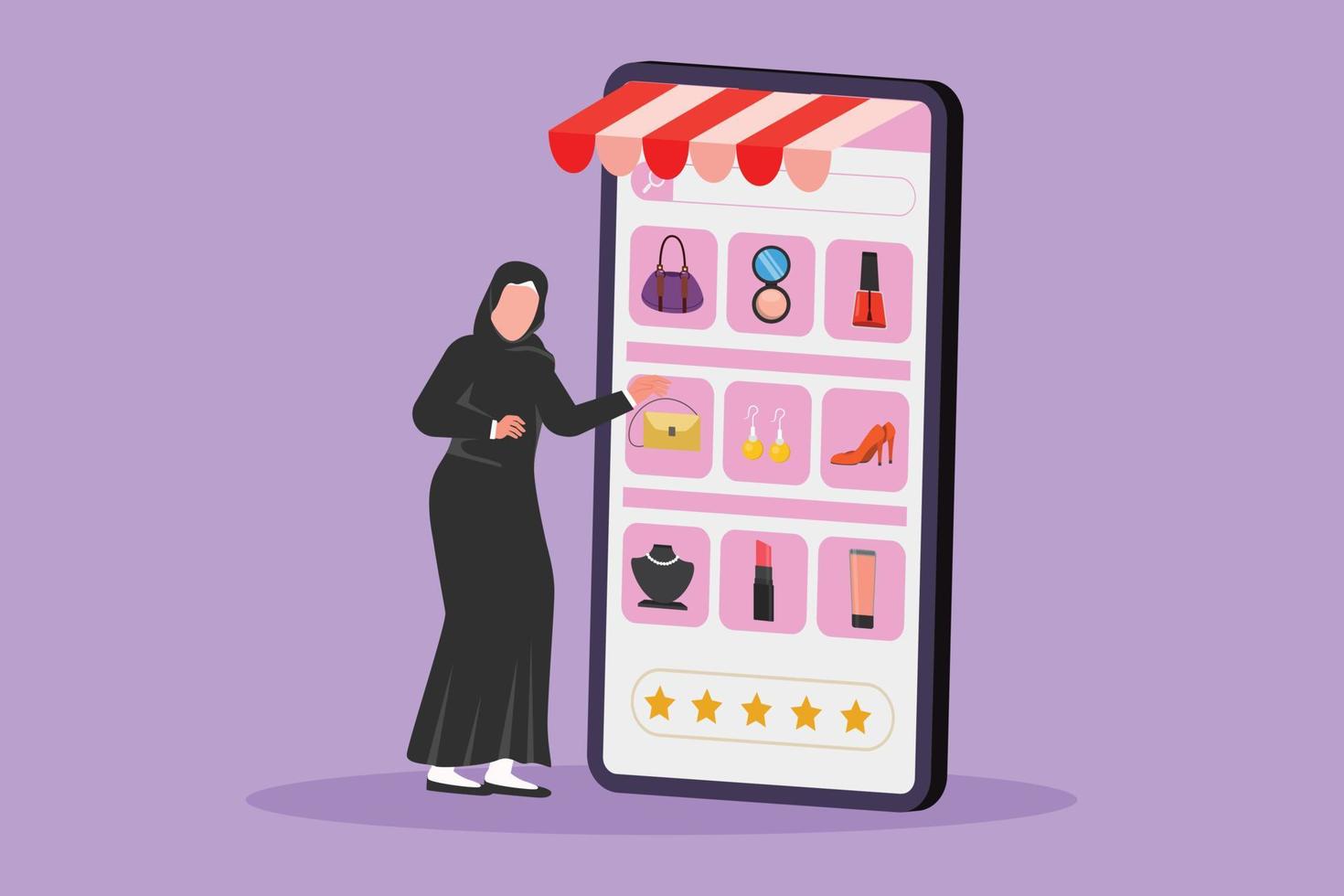 Character flat drawing young Arab woman choosing shopping item on big smartphone screen. Digital lifestyle with internet and gadget concept. Online store technology. Cartoon design vector illustration