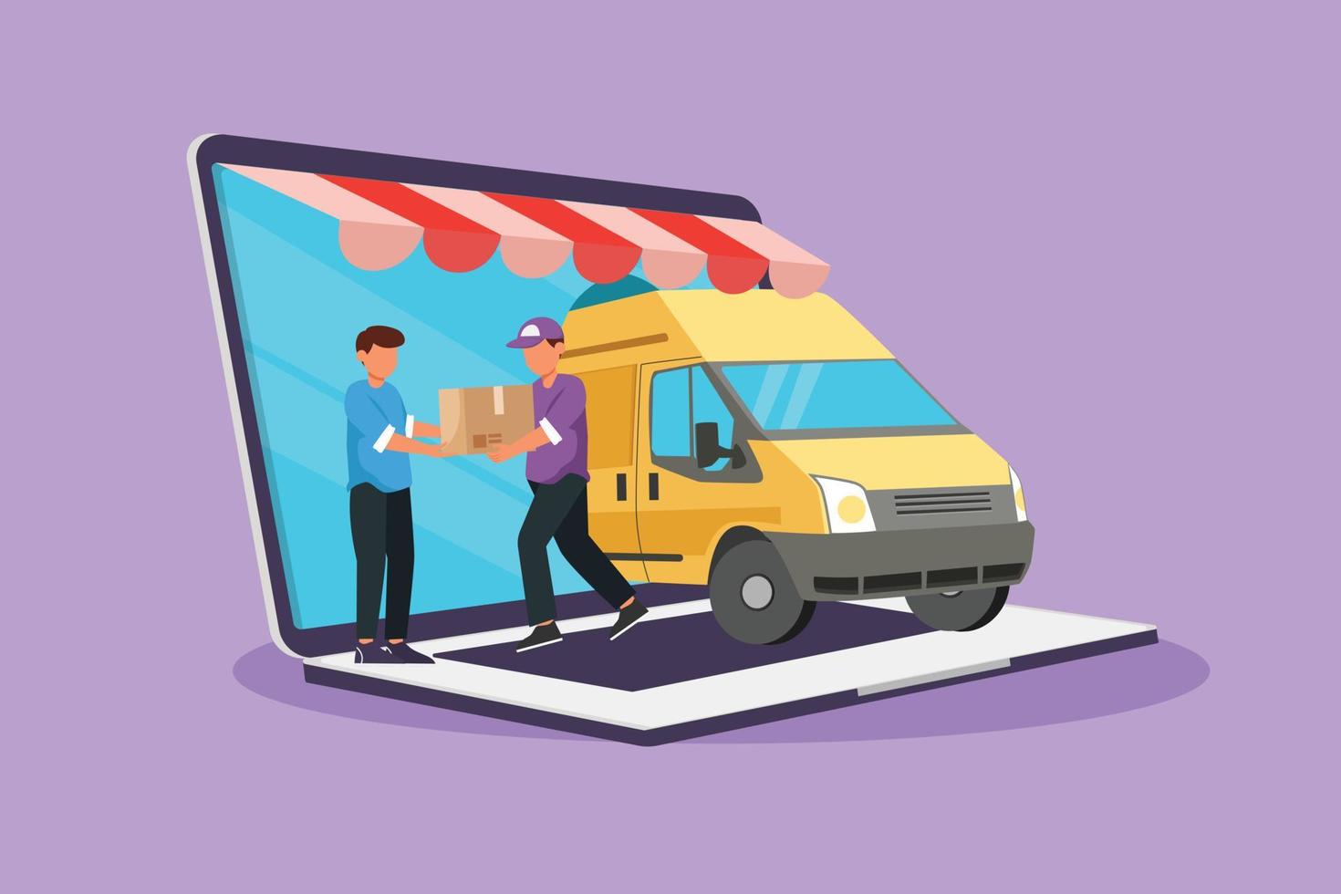 el coche de la caja de entrega de dibujo plano del personaje sale en parte de la pantalla gigante de la computadora portátil y el mensajero masculino le da la caja del paquete al cliente masculino. transporte de entrega en línea. ilustración vectorial de diseño de dibujos animados vector