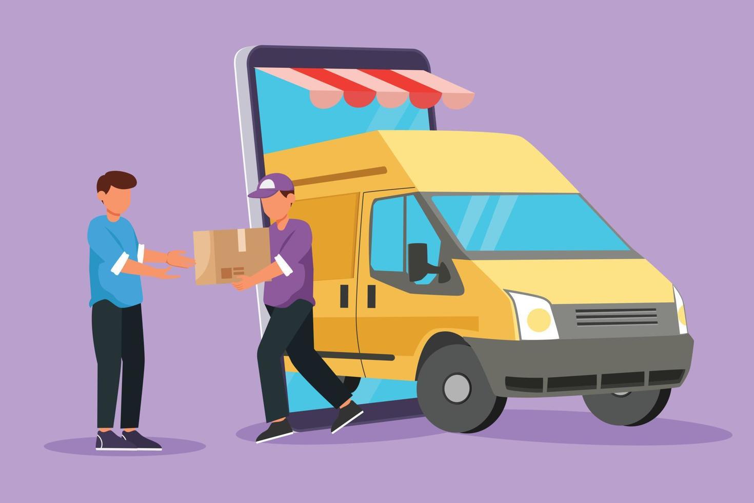 Cartoon flat style drawing delivery box car comes out partly from giant smartphone screen. Male courier gives package box to male customer. Online store transport. Graphic design vector illustration