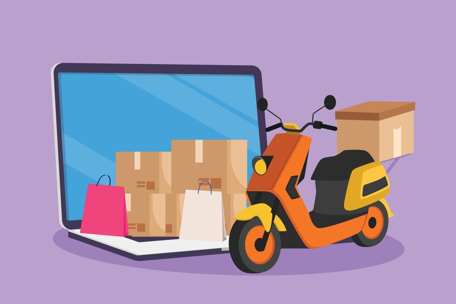 Graphic flat design drawing giant laptop computer in front of courier scooter with cardboard and pile of package boxes. Online delivery service concept. Online store. Cartoon style vector illustration