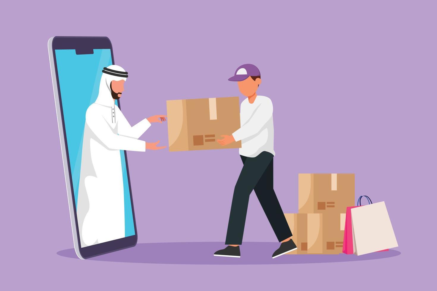 Cartoon flat style drawing Arab man customer receives boxed package, through smartphone screen from male courier. Online delivery service. Online store technology. Graphic design vector illustration