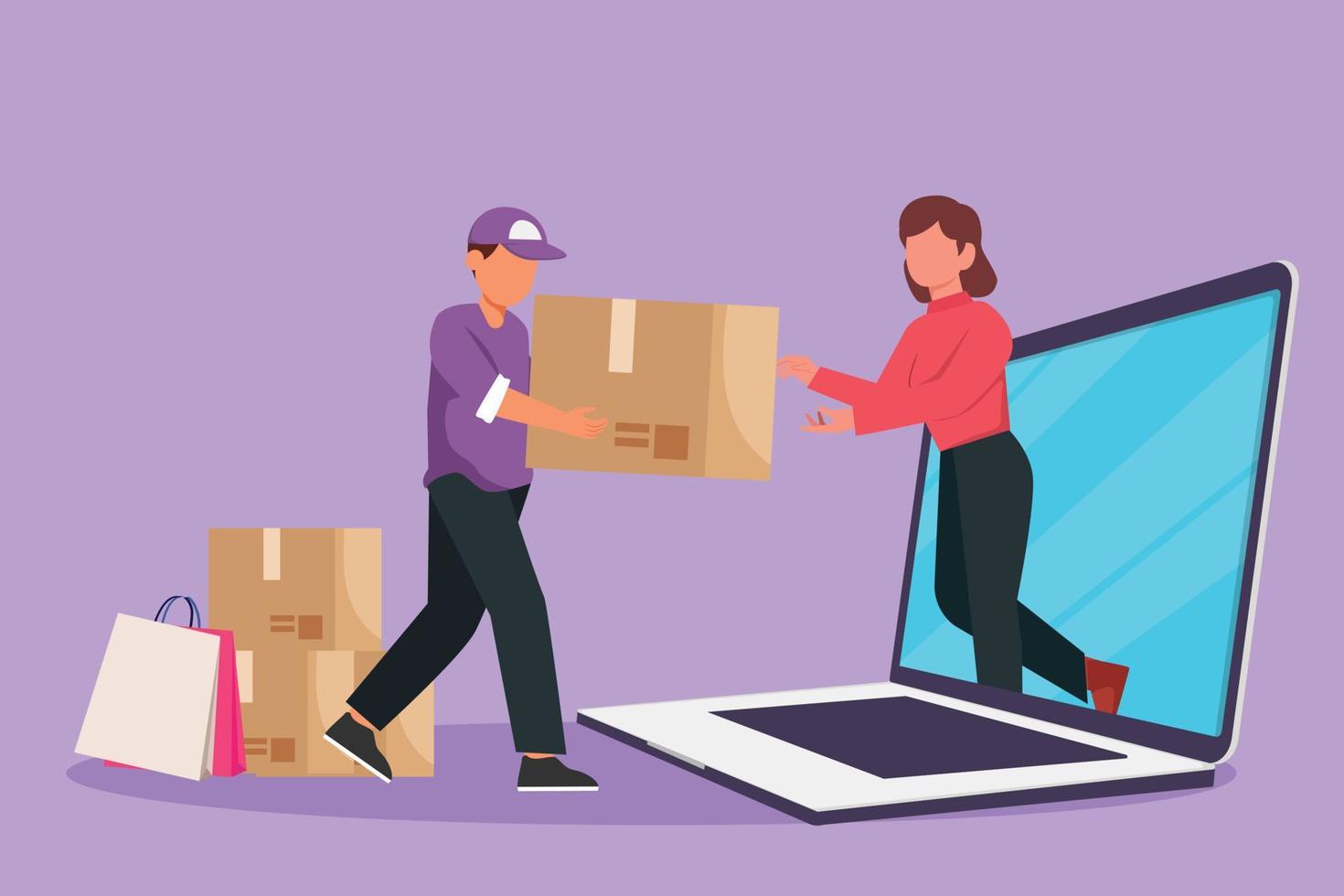 Graphic flat design drawing female customer receives boxed package, through laptop screen from male courier. Online delivery service concept. Online store technology. Cartoon style vector illustration