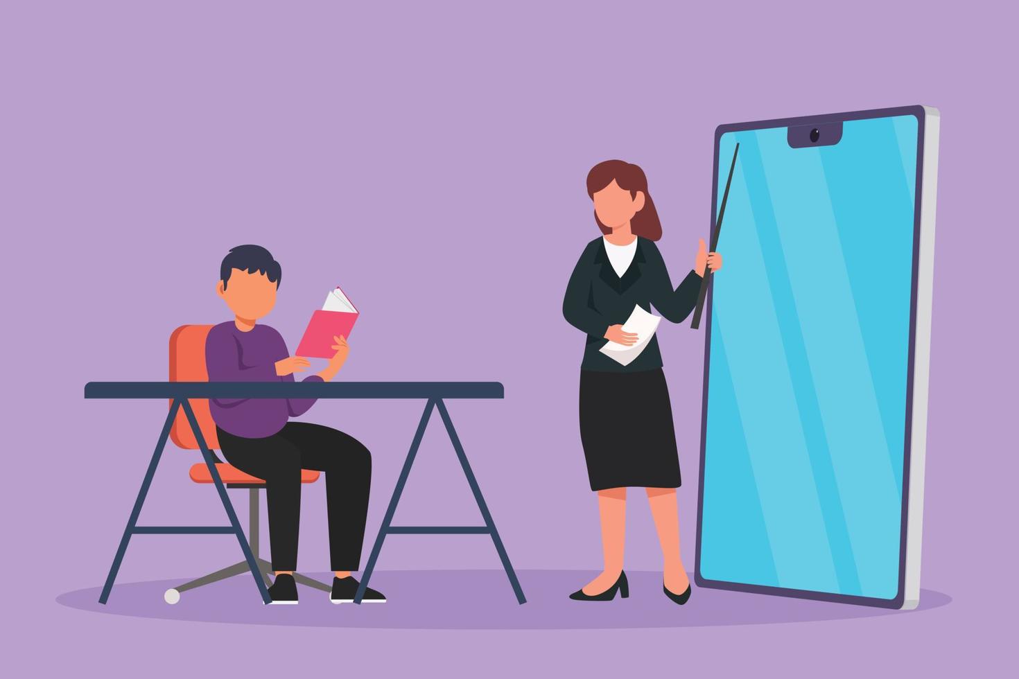 Graphic flat design drawing female teacher standing in front of smartphone screen holding book, teaching male junior high school student sitting on chair near desk. Cartoon style vector illustration