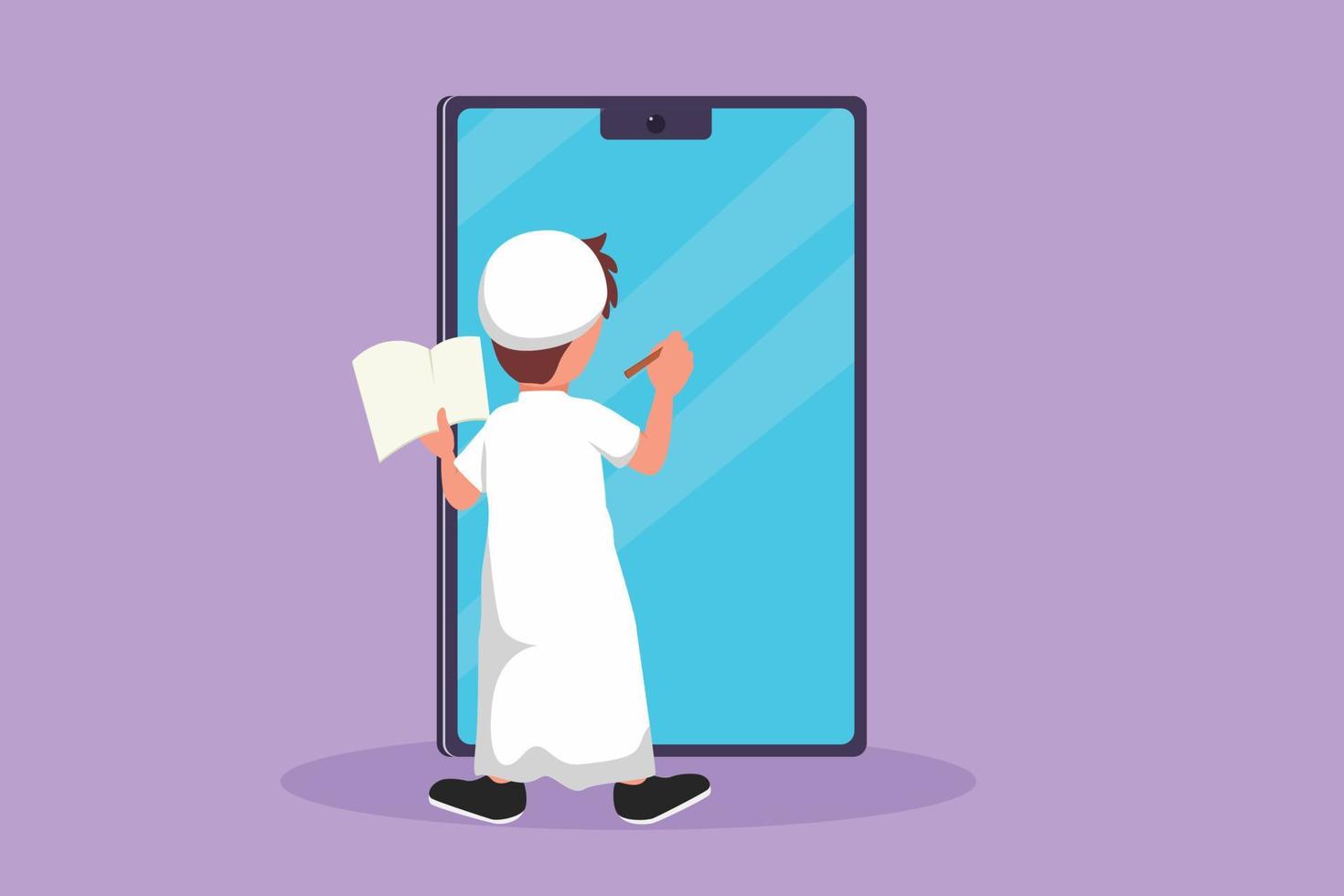 Character flat drawing back view of Arab pre schooler boy student writing on giant smartphone screen like he was writing on whiteboard. Little kid learning metaphor. Cartoon design vector illustration