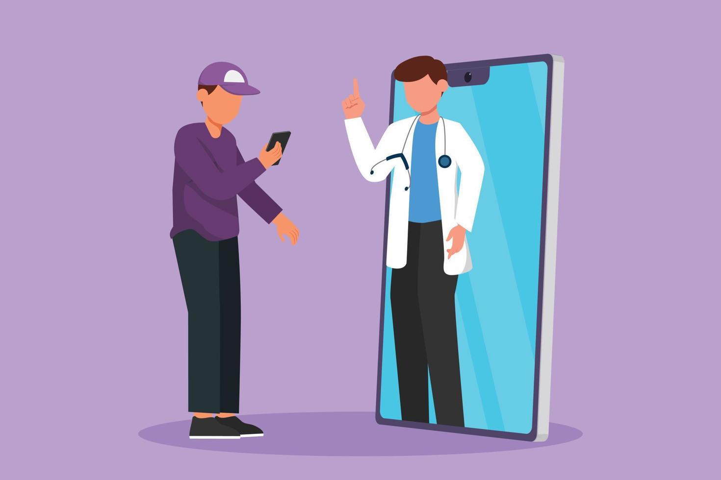 Cartoon flat style drawing male patient holding smartphone standing facing giant smartphone and consulting male doctor. Doctor online or digital healthcare concept. Graphic design vector illustration