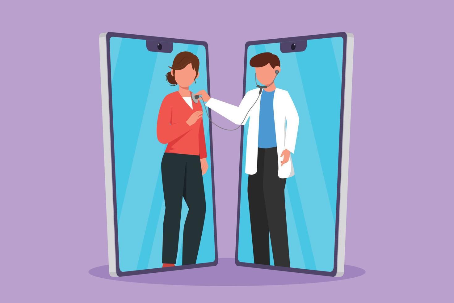 Character flat drawing two smartphones facing each other with young male doctor checking heart rate of female patient using stethoscope. Online doctor medical app. Cartoon design vector illustration