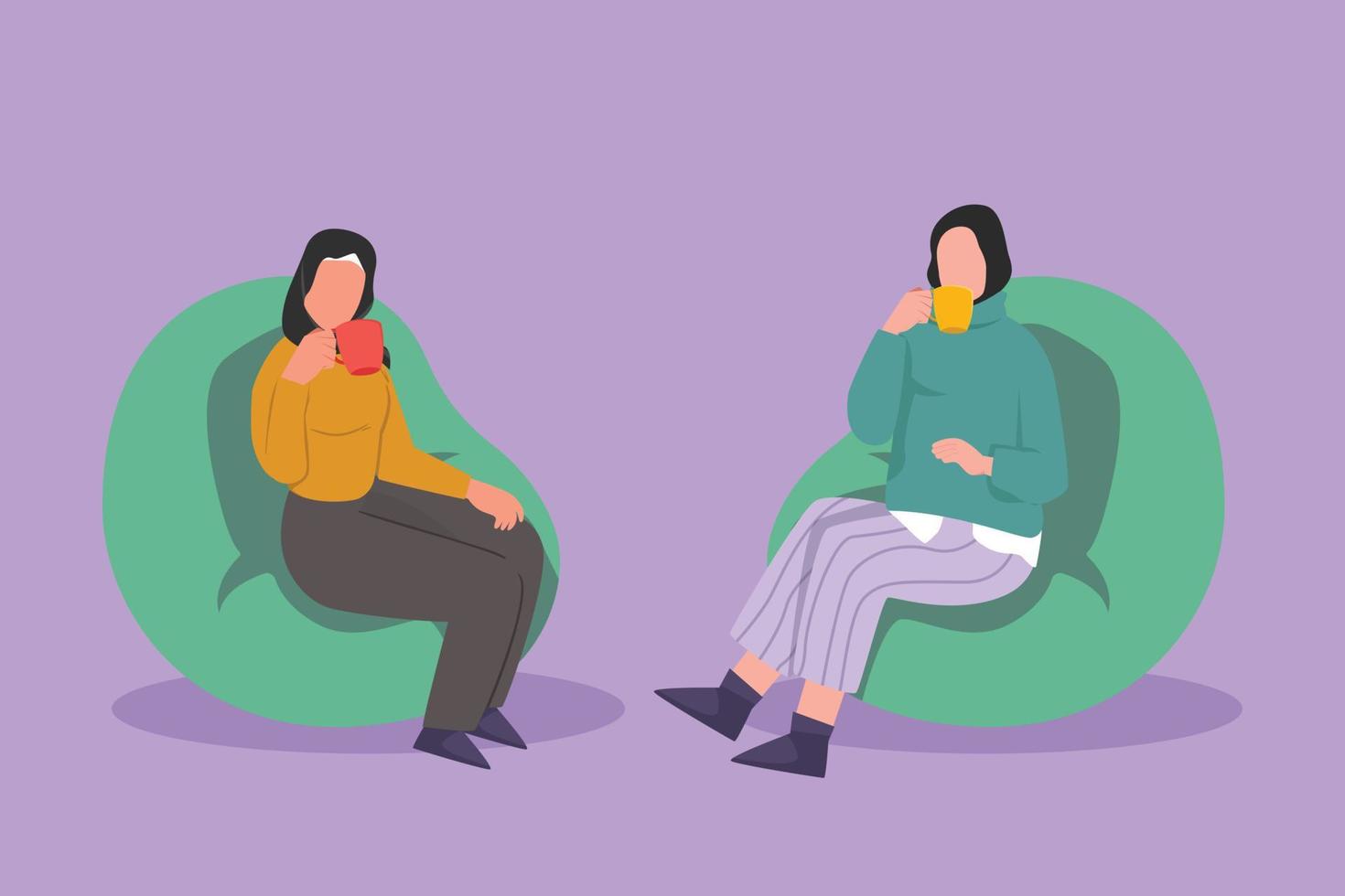 Cartoon flat style drawing two Arab woman talking relaxing in home living room or office waiting lounge. Friends sitting drinking at dormitory hall with arm chair. Graphic design vector illustration