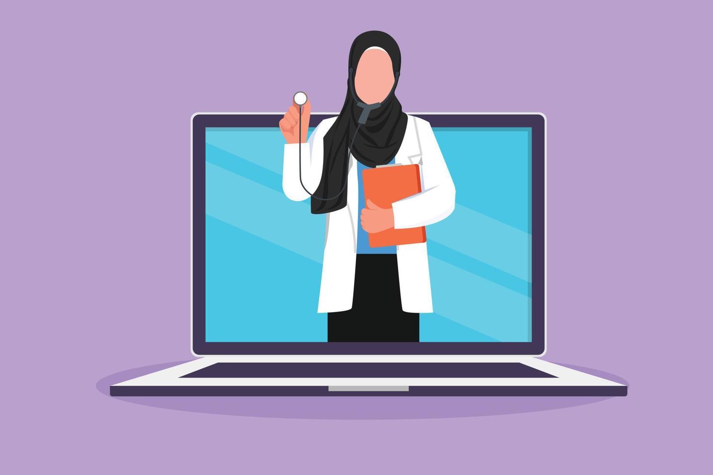 Character flat drawing Arab female doctor comes out of laptop computer screen holding stethoscope. Online medical services. Digital healthcare consultation concept. Cartoon design vector illustration