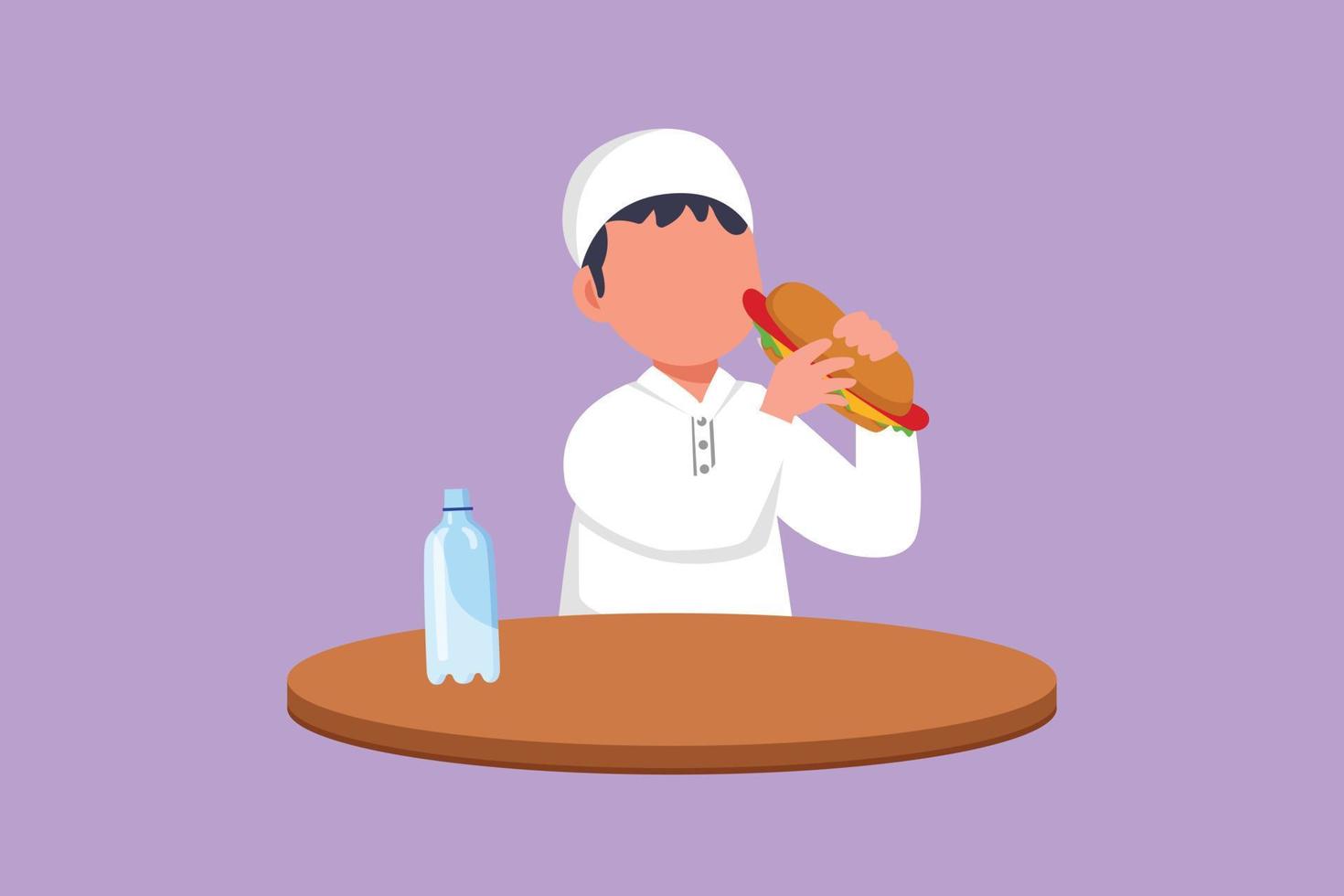 Character flat drawing adorable Arab little boy sitting at table and eating hotdog sandwich. Tasty street fast food concept. Unhealthy snack for preschool kid child. Cartoon design vector illustration