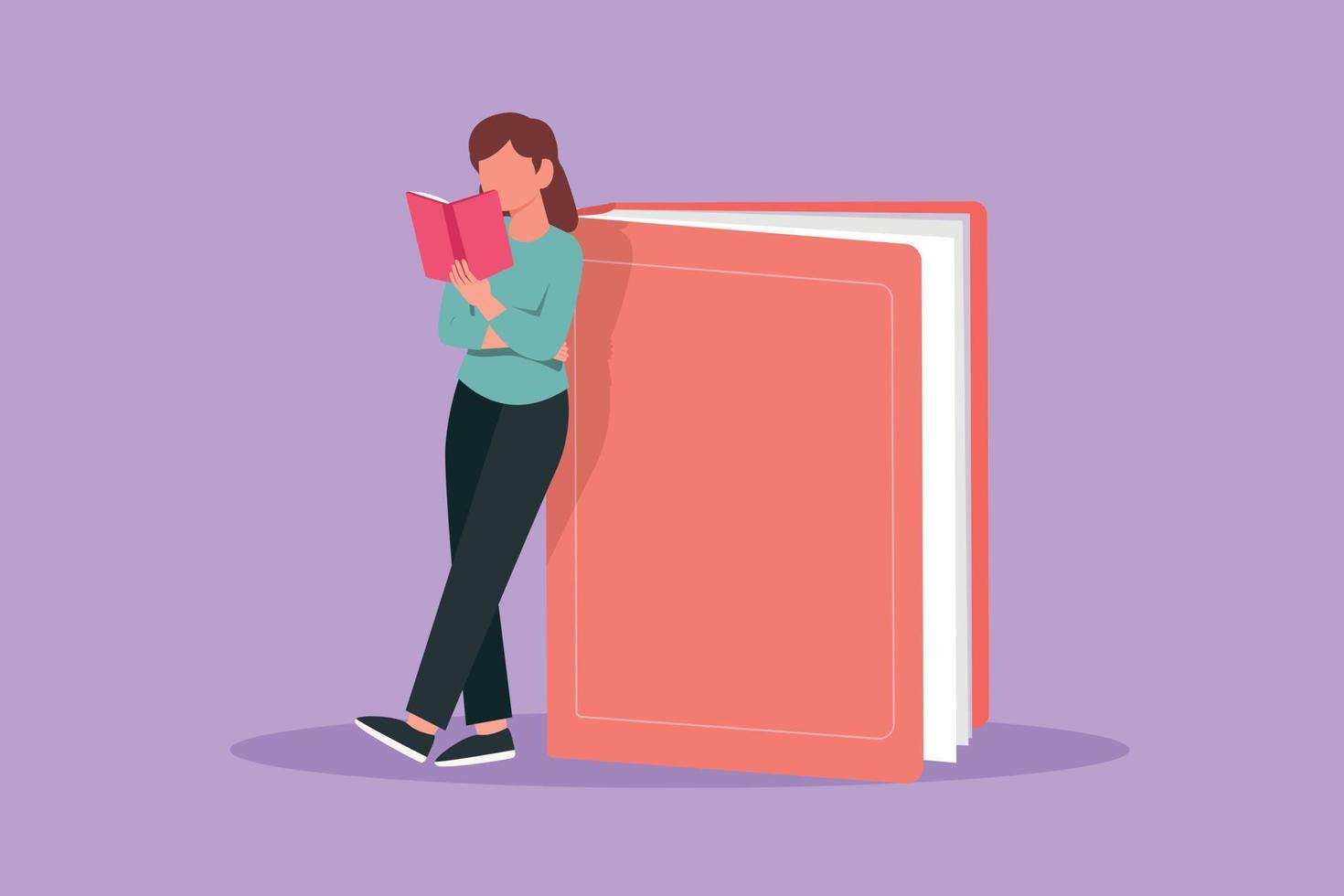 Character flat drawing young woman reading and standing on big book. Smart girl student learning and studying in library. Education and intellectual manner concept. Cartoon design vector illustration