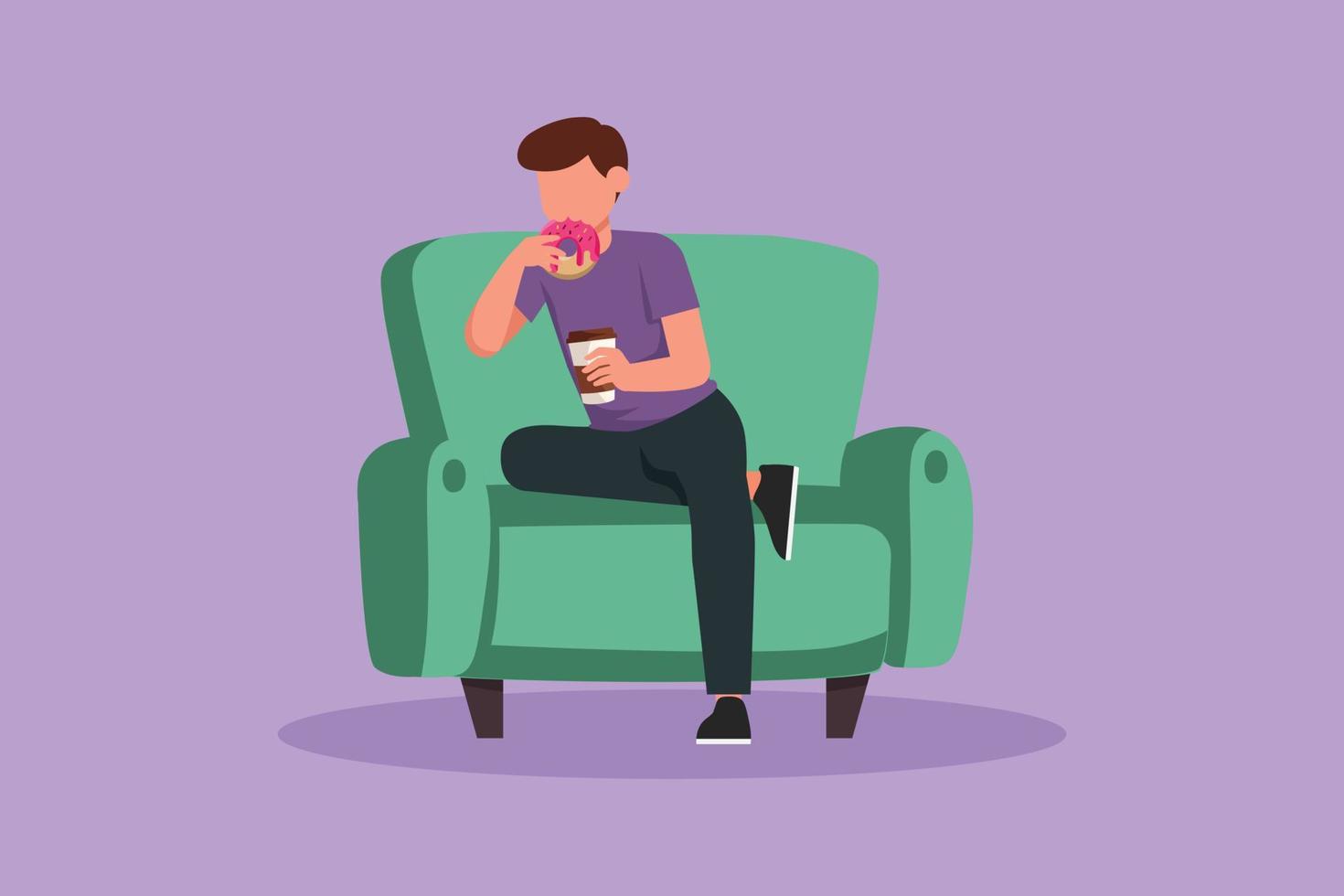 Character flat drawing of man sitting on couch, eating donut and drinking coffee. Hungry male holding paper cup with hot drink and sweet dessert. Fast food concept. Cartoon design vector illustration