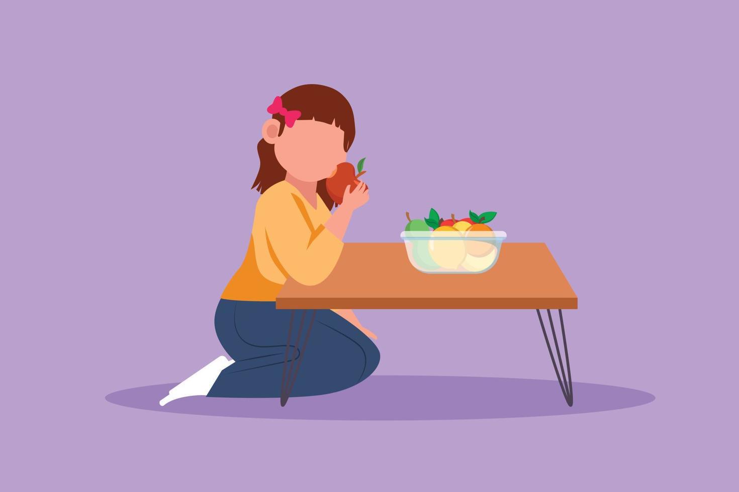 Character flat drawing beautiful little girl sitting near table and eating apple. Orange and mango in bowl placed on table at home. Healthy fruit and food for kids. Cartoon design vector illustration