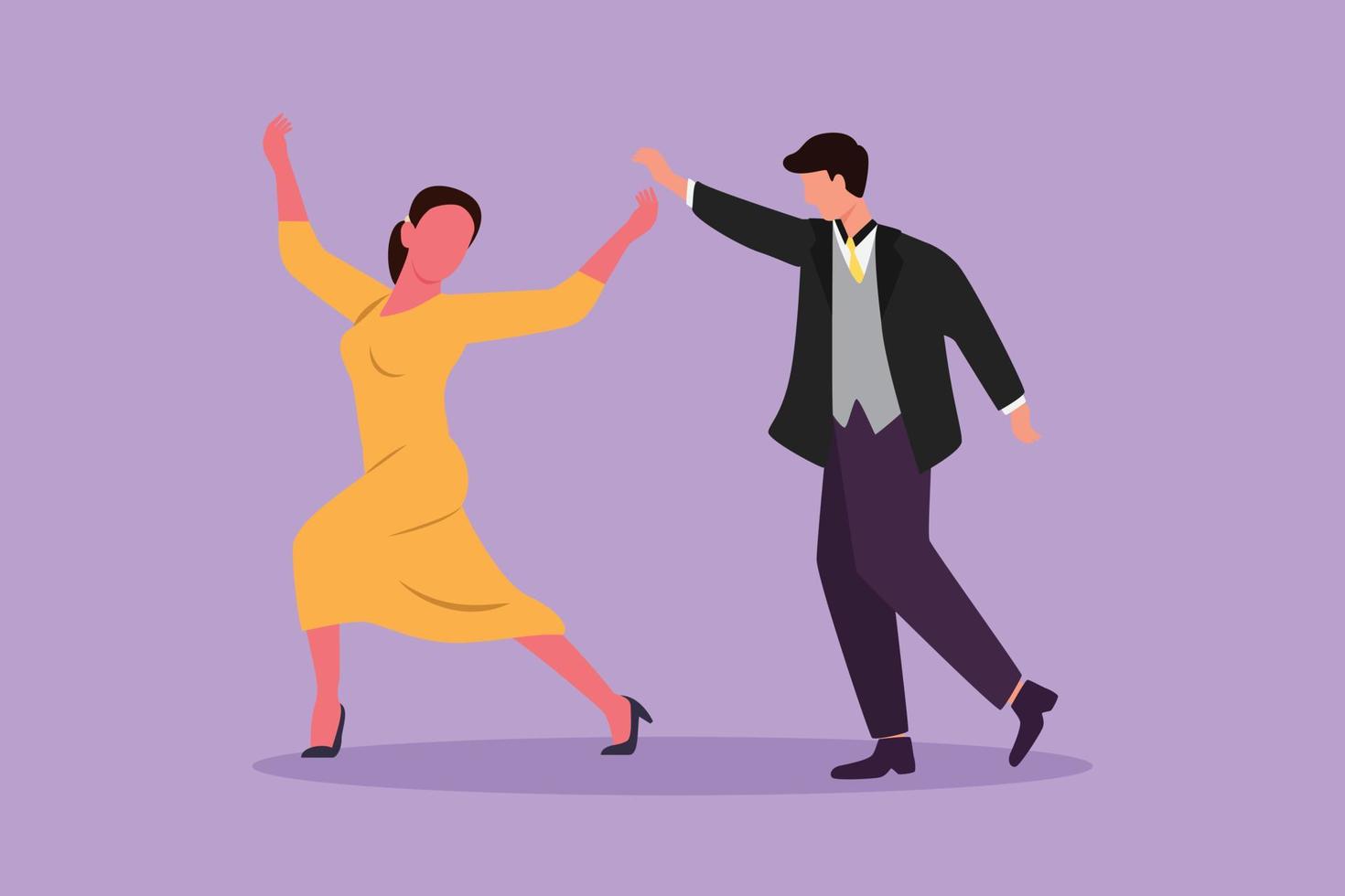 Graphic flat design drawing young man and woman professional dancer couple dancing tango, waltz dances on dancing contest dancefloor. Couple dance with elegant style. Cartoon style vector illustration