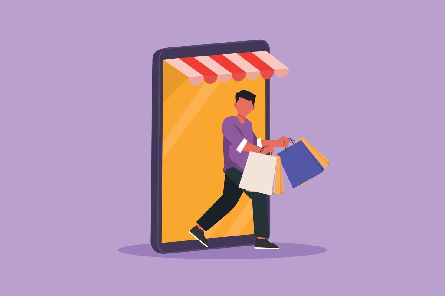 Cartoon flat style drawing young man coming out of canopy smartphone screen holding shopping bag. Digital lifestyle and consumerism concept. Online store technology. Graphic design vector illustration