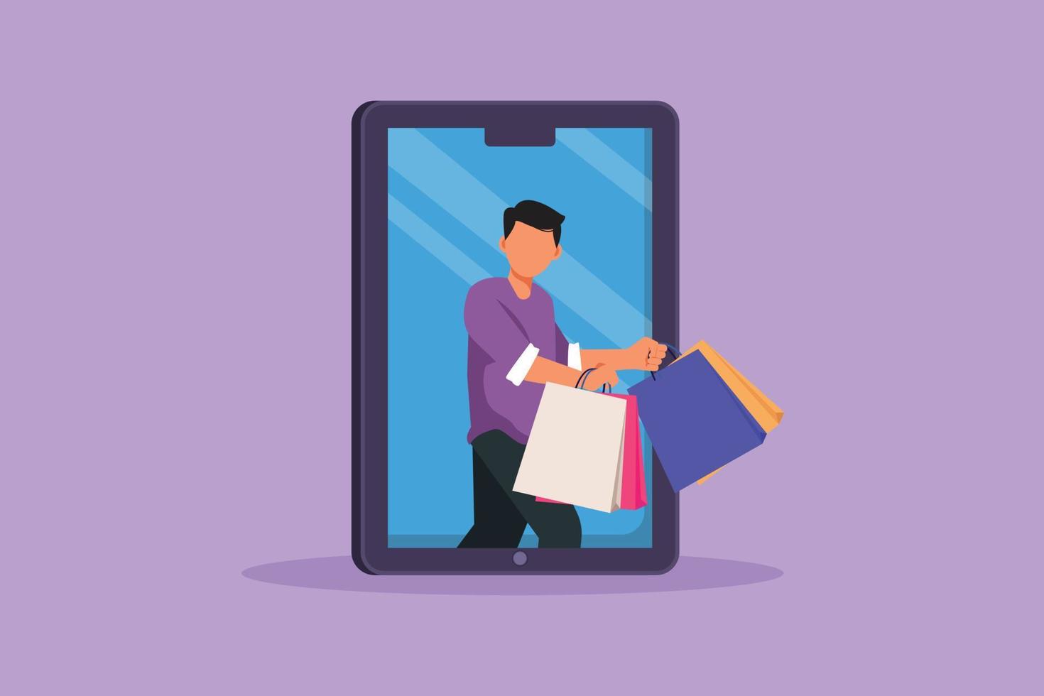 Cartoon flat style drawing young man coming out of large smartphone screen with holding shopping bags. Sale, digital lifestyle, consumerism. Online store technology. Graphic design vector illustration