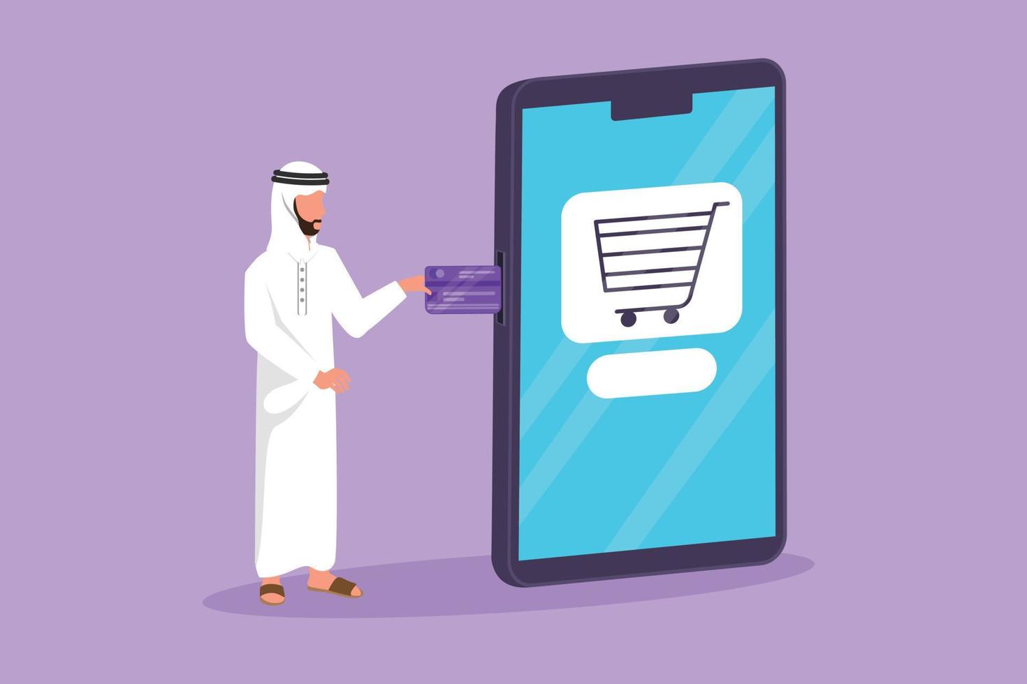 Character flat drawing young Arabian man inserting credit card into large smartphone screen with shopping cart inside. Digital payment and online store technology. Cartoon design vector illustration