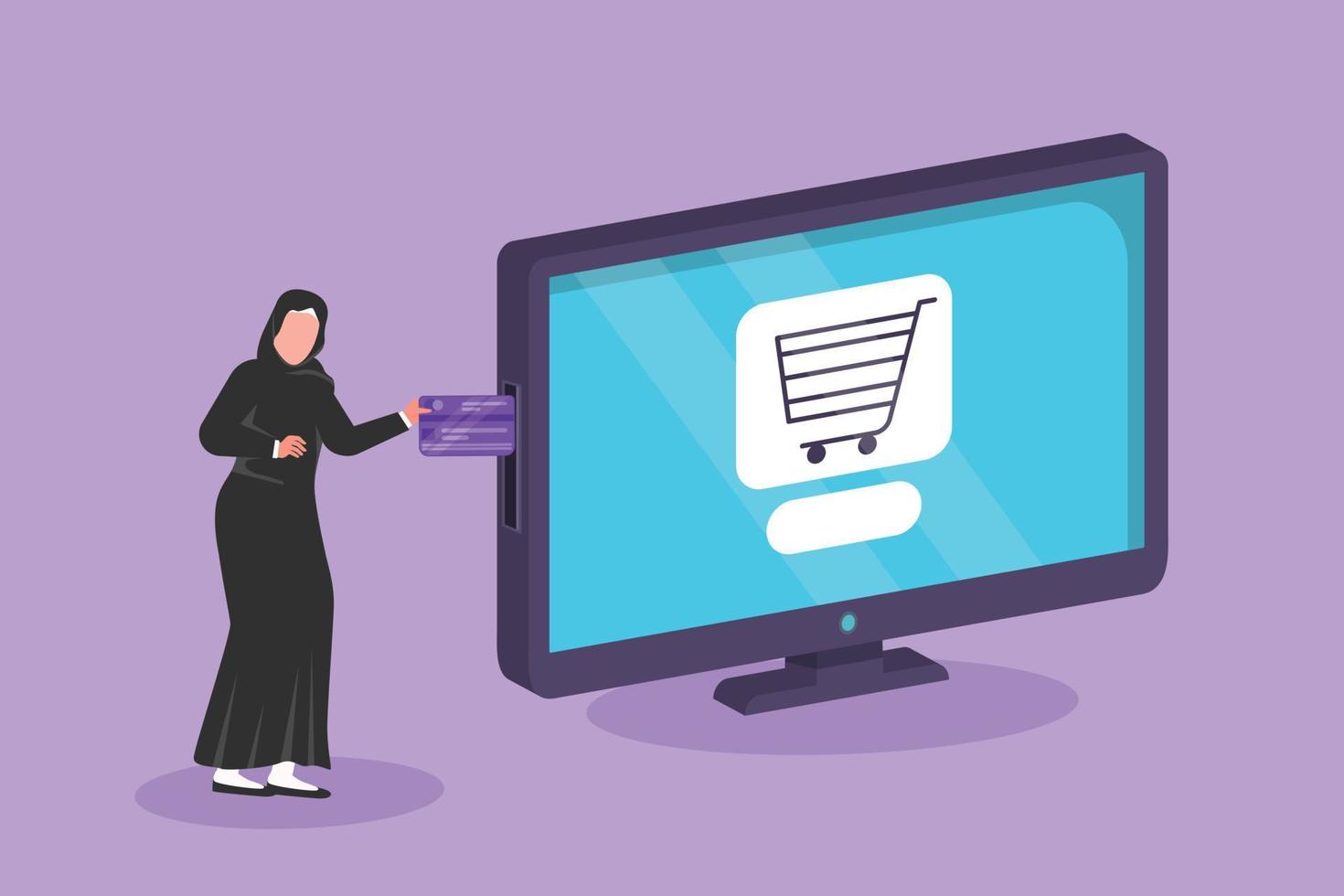 Graphic flat design drawing Arabian woman inserting credit card into big monitor screen with shopping cart inside. E-shop, digital payment and online store concept. Cartoon style vector illustration
