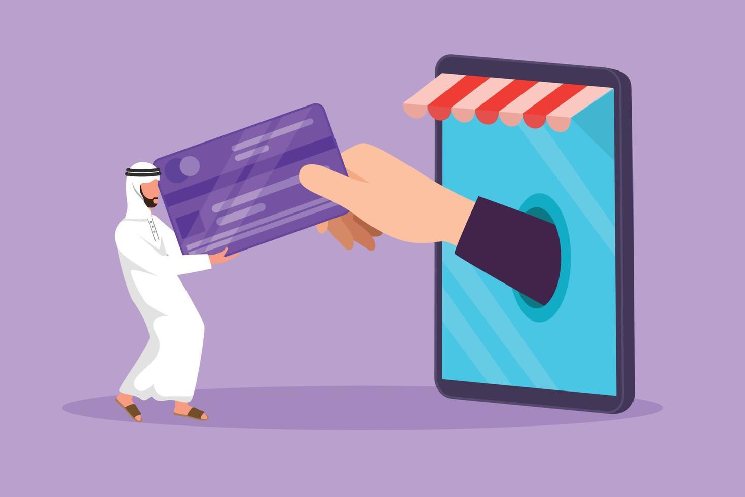 Cartoon flat style drawing Arabian man inserting credit card into large canopy smartphone screen and accepted by hand. Digital payment technology and online store. Graphic design vector illustration