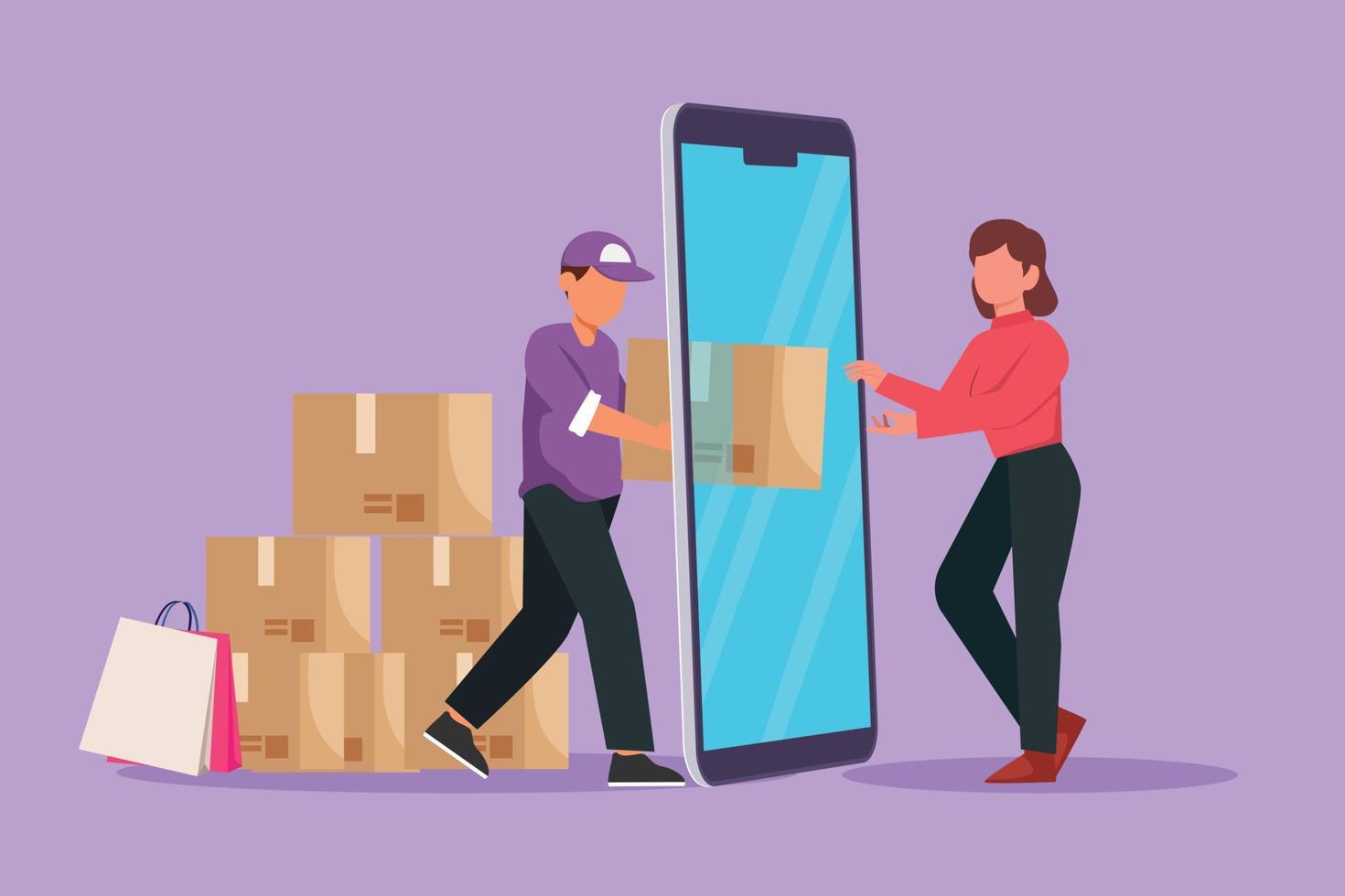 Cartoon flat style drawing male courier deliver box package and through smartphone screen to female customer. Online delivery service concept. Online store metaphor. Graphic design vector illustration