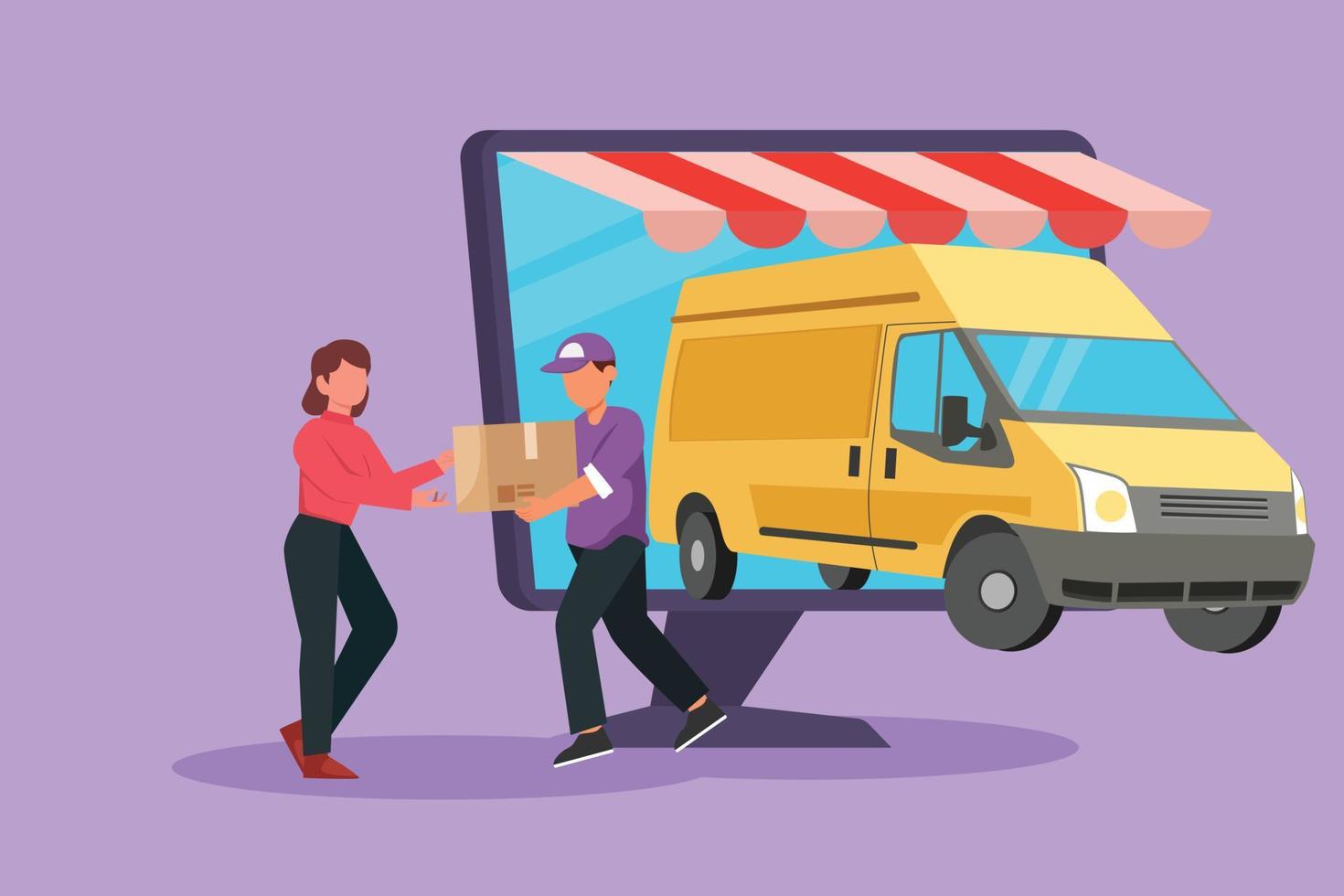 Character flat drawing delivery box car comes out partly from giant monitor screen and male courier give package box to female customer. Online store transportation. Cartoon design vector illustration