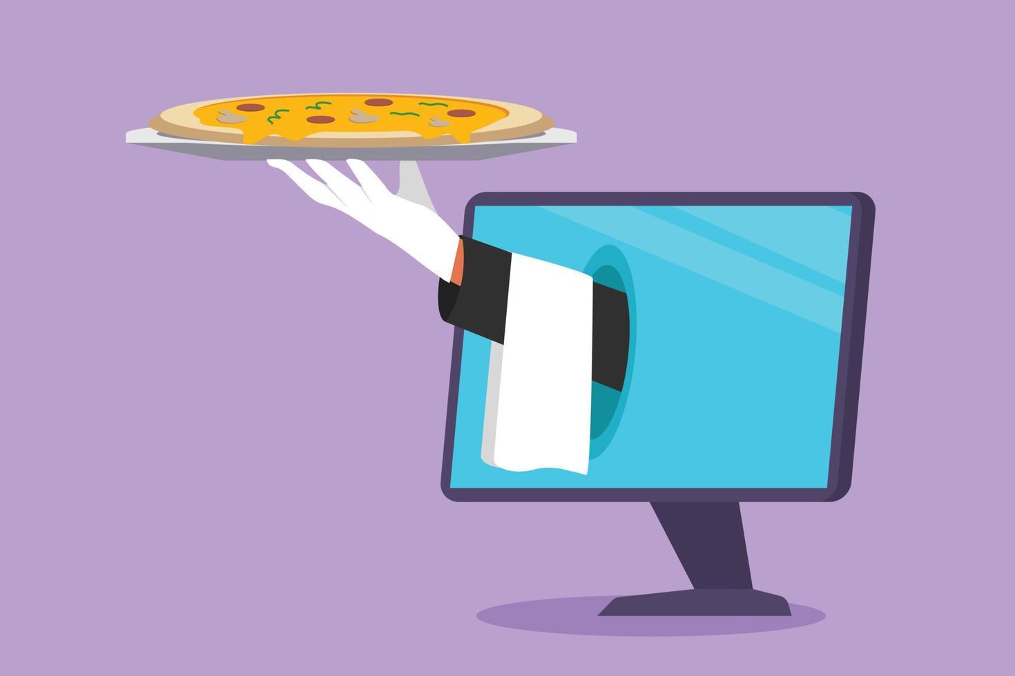 personaje plano sacando las manos de la pantalla del monitor de la computadora con la bandeja abierta para servir una deliciosa pizza italiana. pedido de aplicaciones digitales. concepto de servicio de entrega de alimentos en línea. ilustración vectorial de diseño de dibujos animados vector