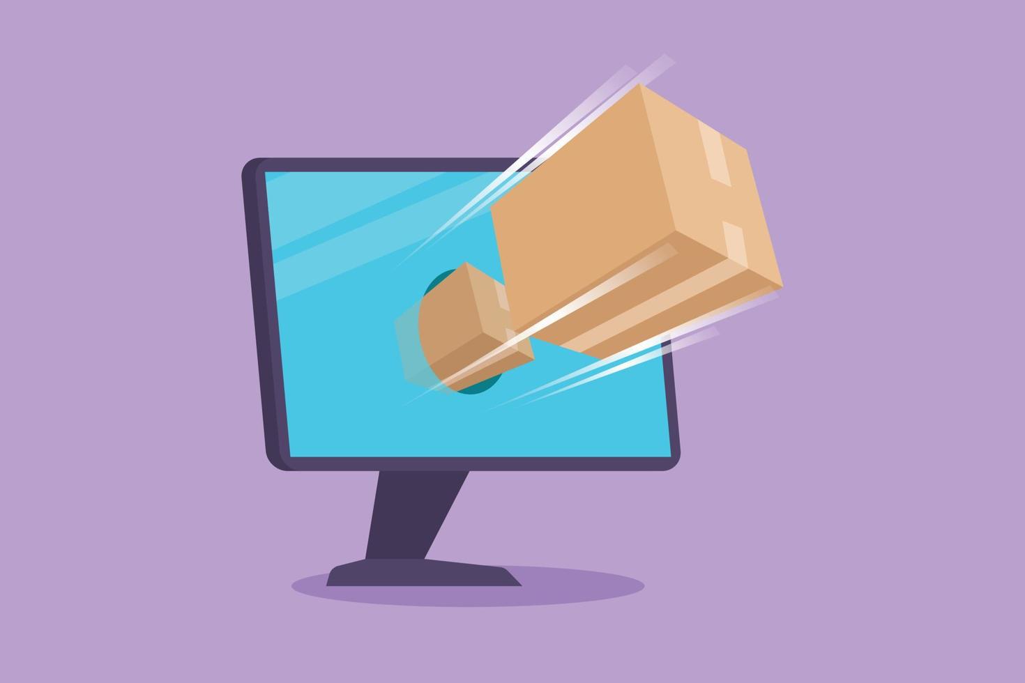 Character flat drawing package box out of monitor screen. Online delivery web concept. Fast respond and package shipping to customer. Online store technology. Cartoon draw design vector illustration