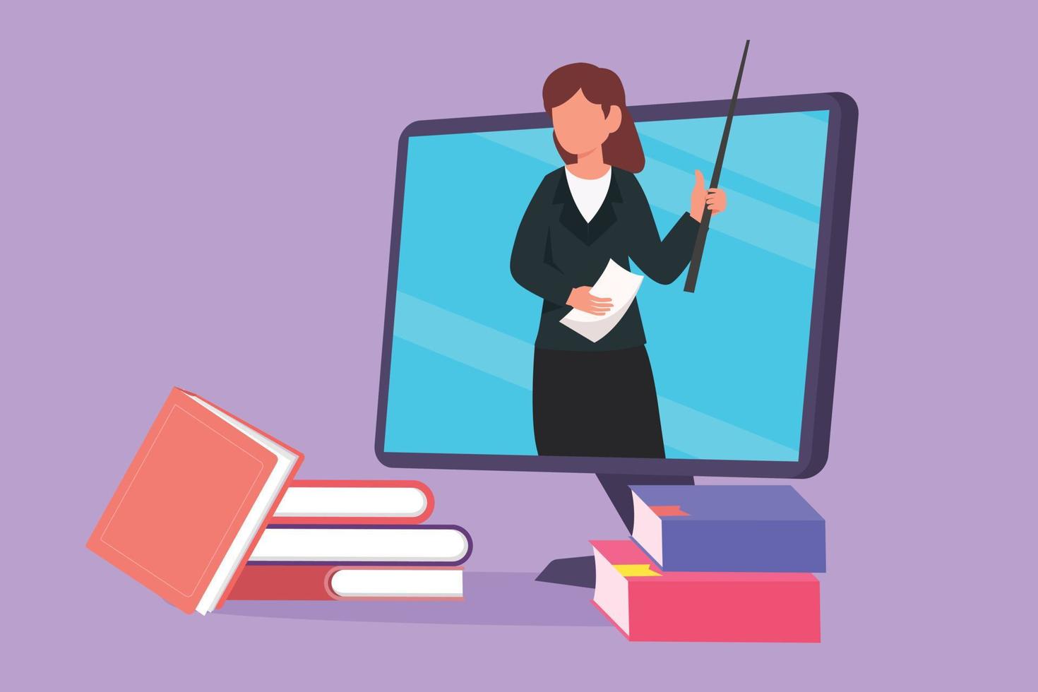 Character flat drawing beauty female teacher teaching, half of her body is out of computer monitor screen with pile of book. internet class. Online learning concept. Cartoon design vector illustration