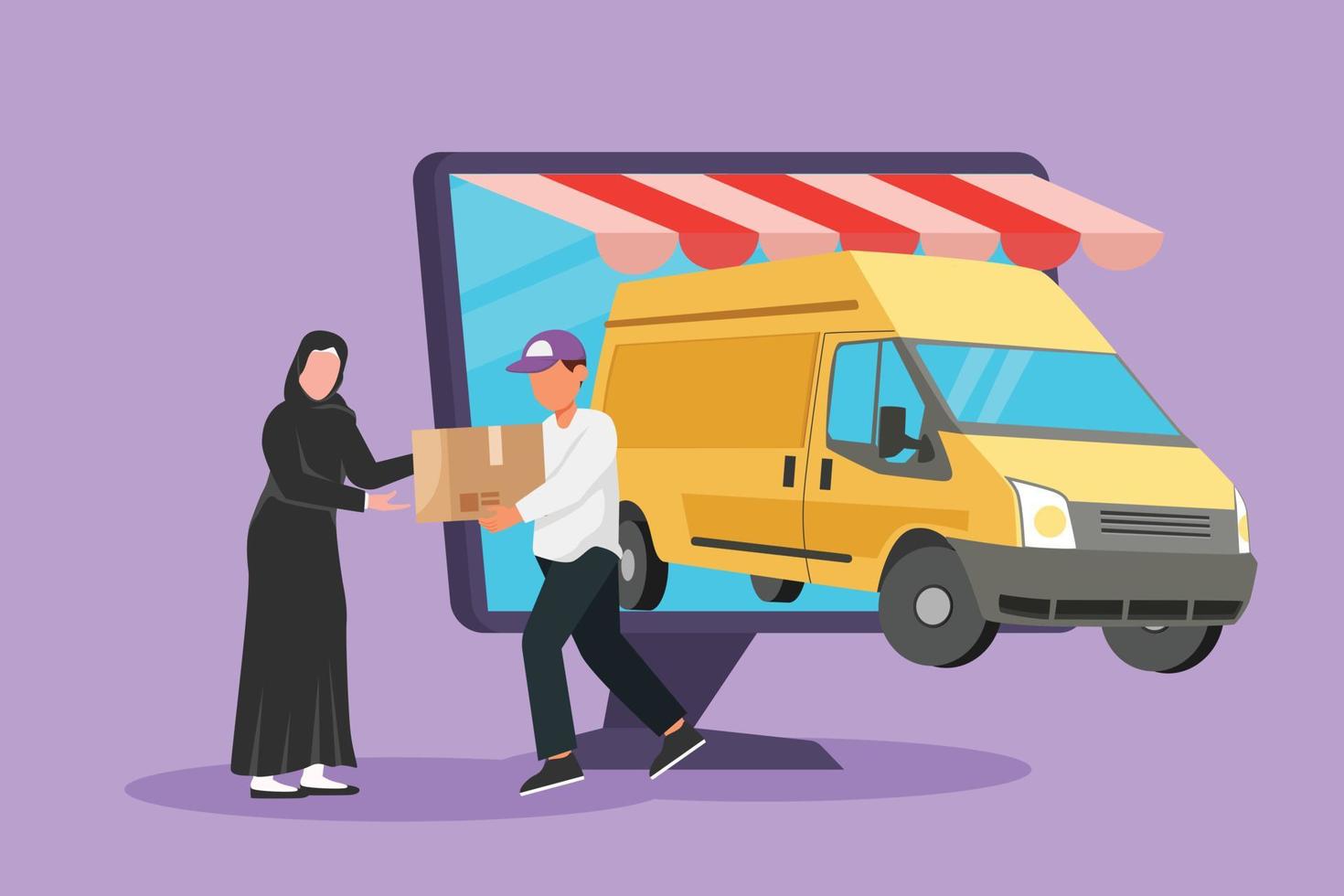 Character flat drawing delivery box car comes out partly from giant monitor screen and male courier give package box to Arab female customer. Online store transport. Cartoon design vector illustration