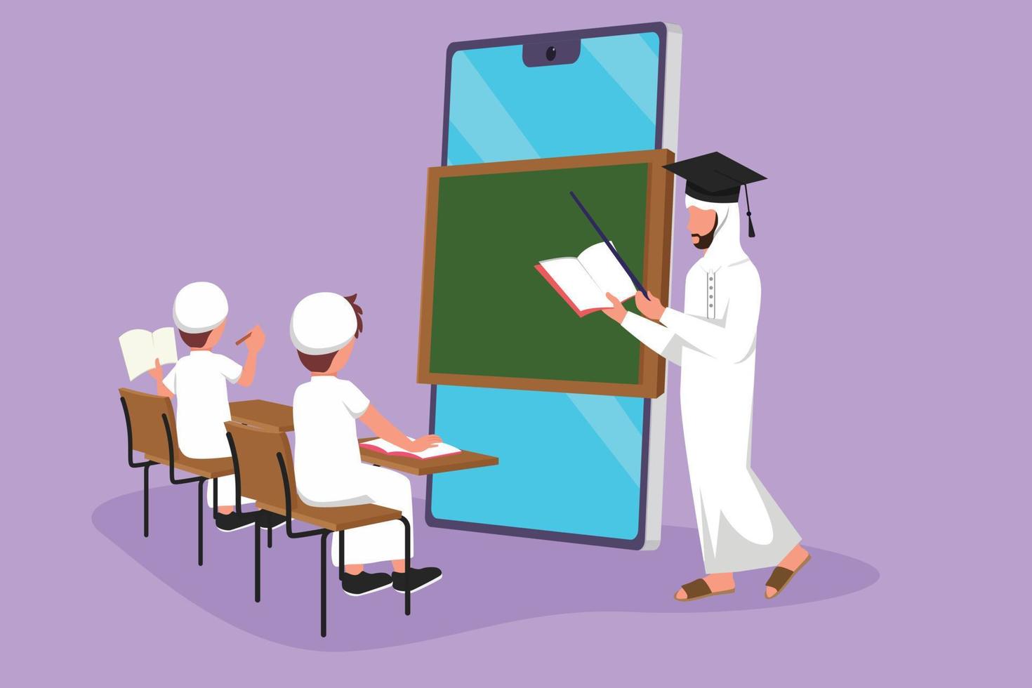 dibujos animados de estilo plano dibujando a un maestro árabe parado frente a la pantalla del teléfono inteligente sosteniendo un libro y enseñando a estudiantes de secundaria sentados en una silla cerca del escritorio. ilustración vectorial de diseño gráfico vector