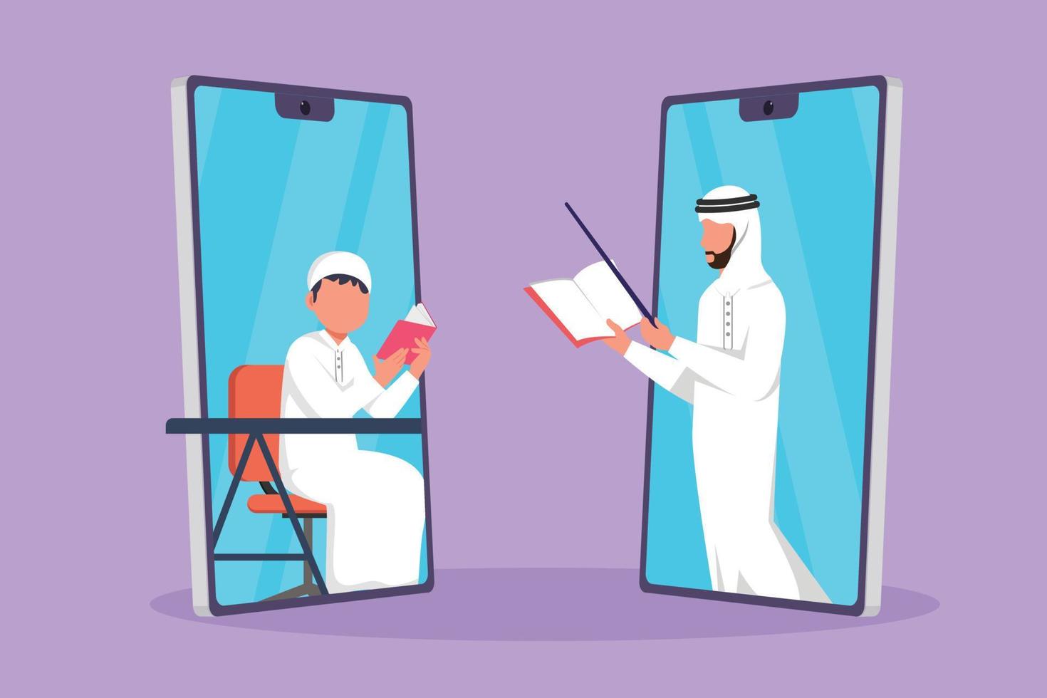 Cartoon flat style drawing two smartphone standing in front of each other, one side contain male student studying and the other contains Arab male teacher teaching. Graphic design vector illustration