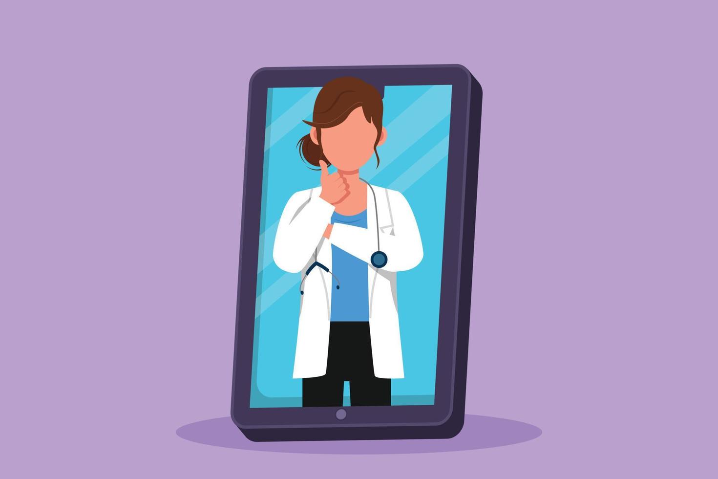 Character flat drawing female doctor comes out of smartphone screen while making thumbs up gesture. Online consultation doctor concept. Digital healthcare metaphor. Cartoon design vector illustration